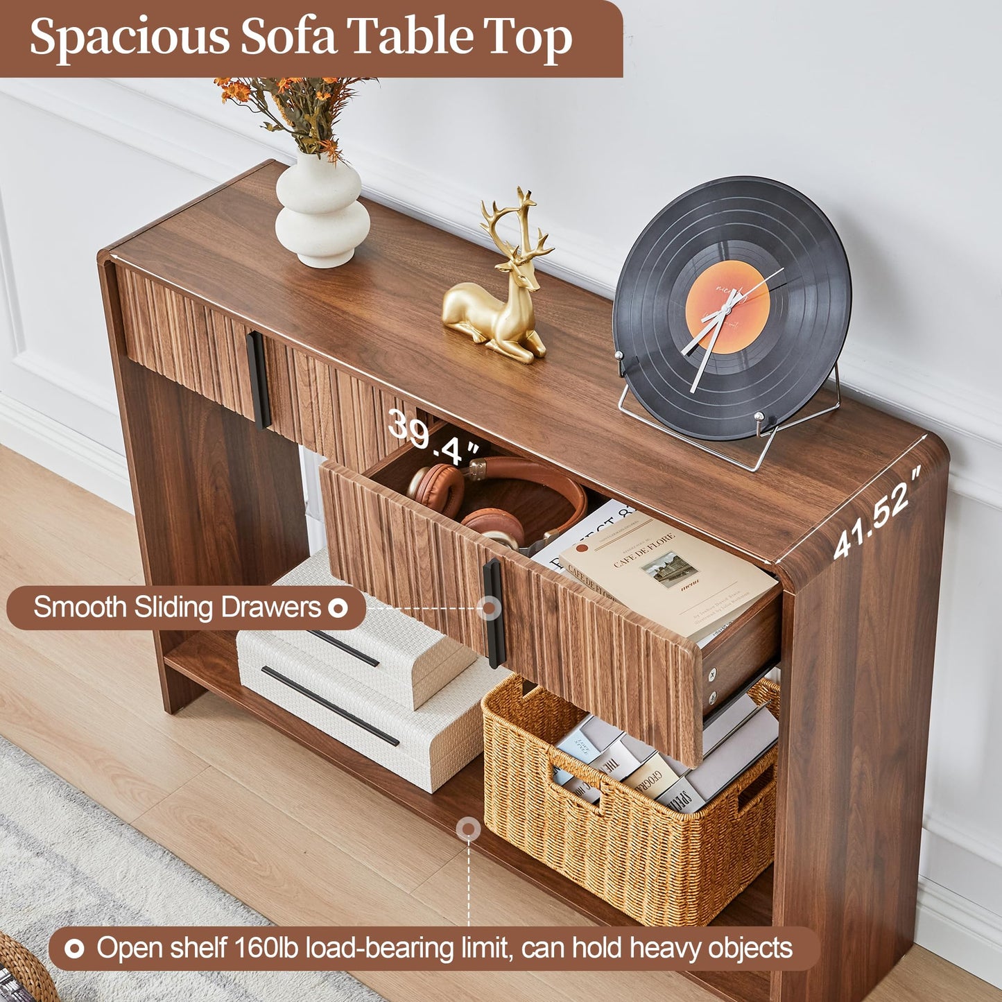 43.3" Narrow Console Table with 2 Drawer,Brown Fluted Entryway Table with Storage,Slim Long Sofa Table for Living Room,Hallway Entrance Foyer
