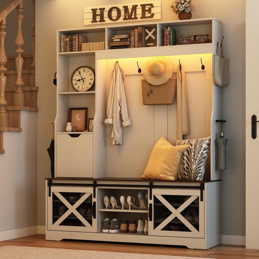 75''H LED Farmhouse Hall Tree with Bench and Shoe Storage,Entryway Bench with Coat Rack,16 Shoe Cubbies & Umbrella Holder and Sock Storage Drawer,Mudroom/Hallway Storages Cabinet(white )