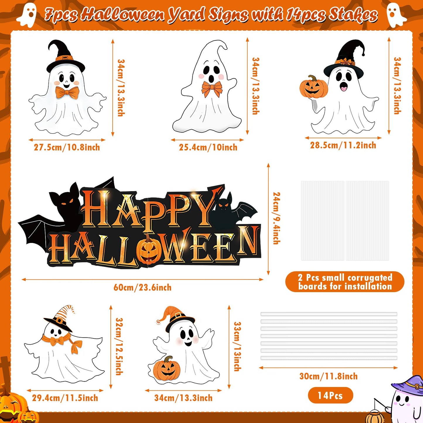 Woosytoo 6Pcs Cute Ghost Halloween Yard Signs with Stakes, Multicolor, Plastic, 14 Stakes, Lawn Signs, Happy Halloween