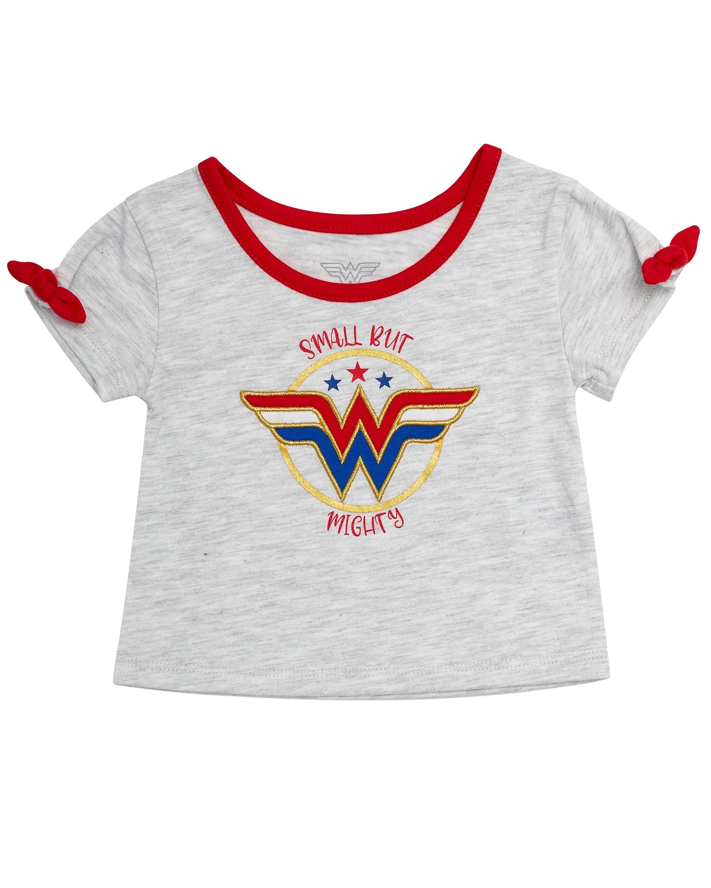 Wonder Woman Baby Girls 4 Piece Set - Short Sleeves T-Shirt with Applique Patch, Legging Pants with Tutu Skirt, Embroidered Onepiece Bodysuit, Drawstring Shorts (Red/Blue/Grey, 3 Months)