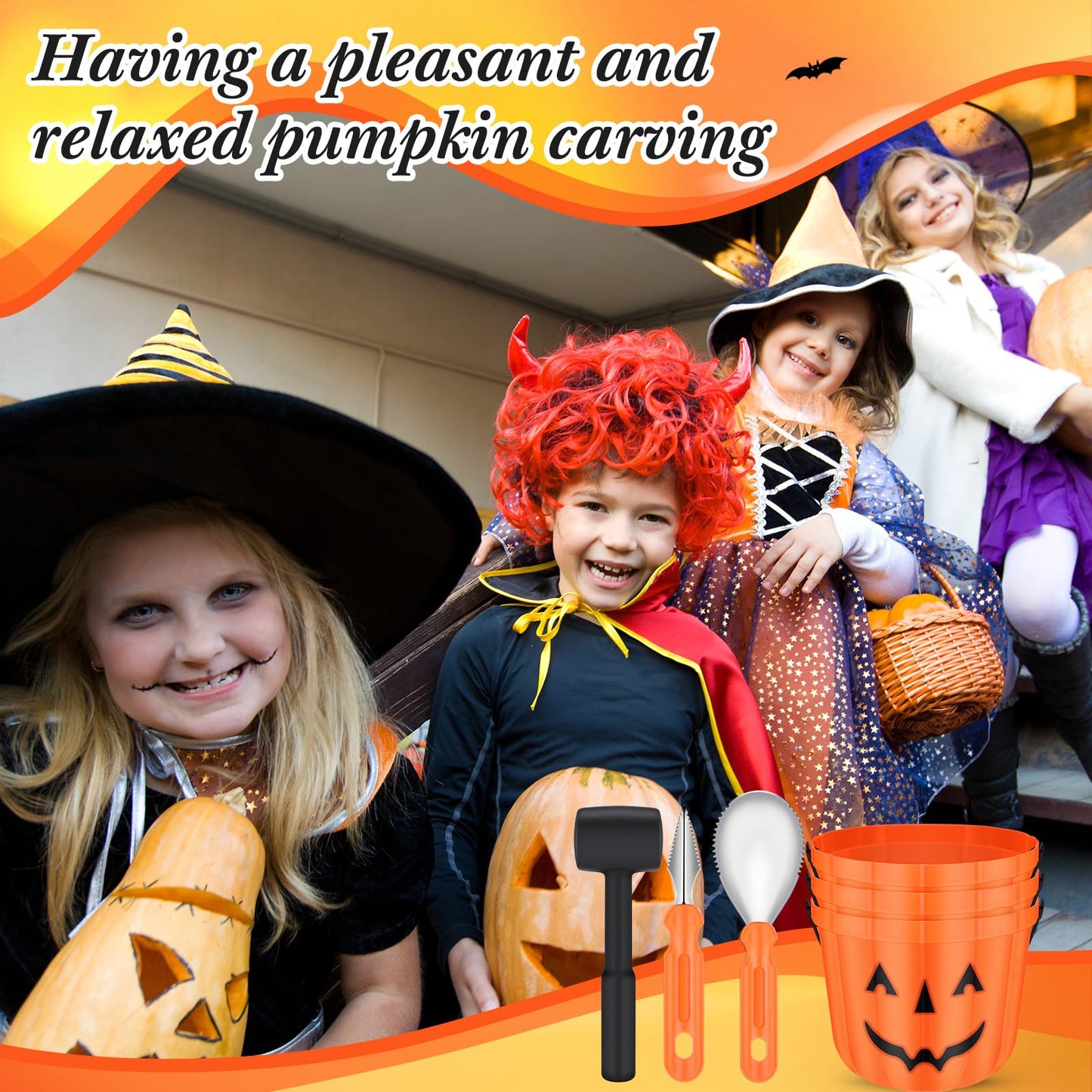 Winnerwhy 48 Pcs Halloween Pumpkin Carving Kit Pumpkin Carving Tools 24 Pcs Stainless Steel Pumpkin Carving Stencils, 6 Gut Buckets, Easy Safe 18 Carving Tools Set for Halloween Decorations