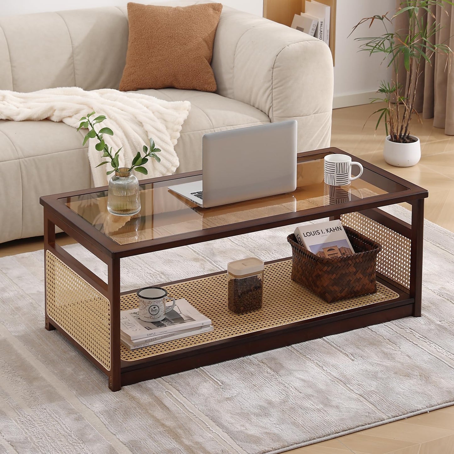 Welnow Rattan Coffee Tables for Living Room, Modern 2-Tier Coffee Table, Mid Century Rectangle Coffee Table with Storage Shelf & Glass Top, Large Boho Center Table for Apartment, Walnut