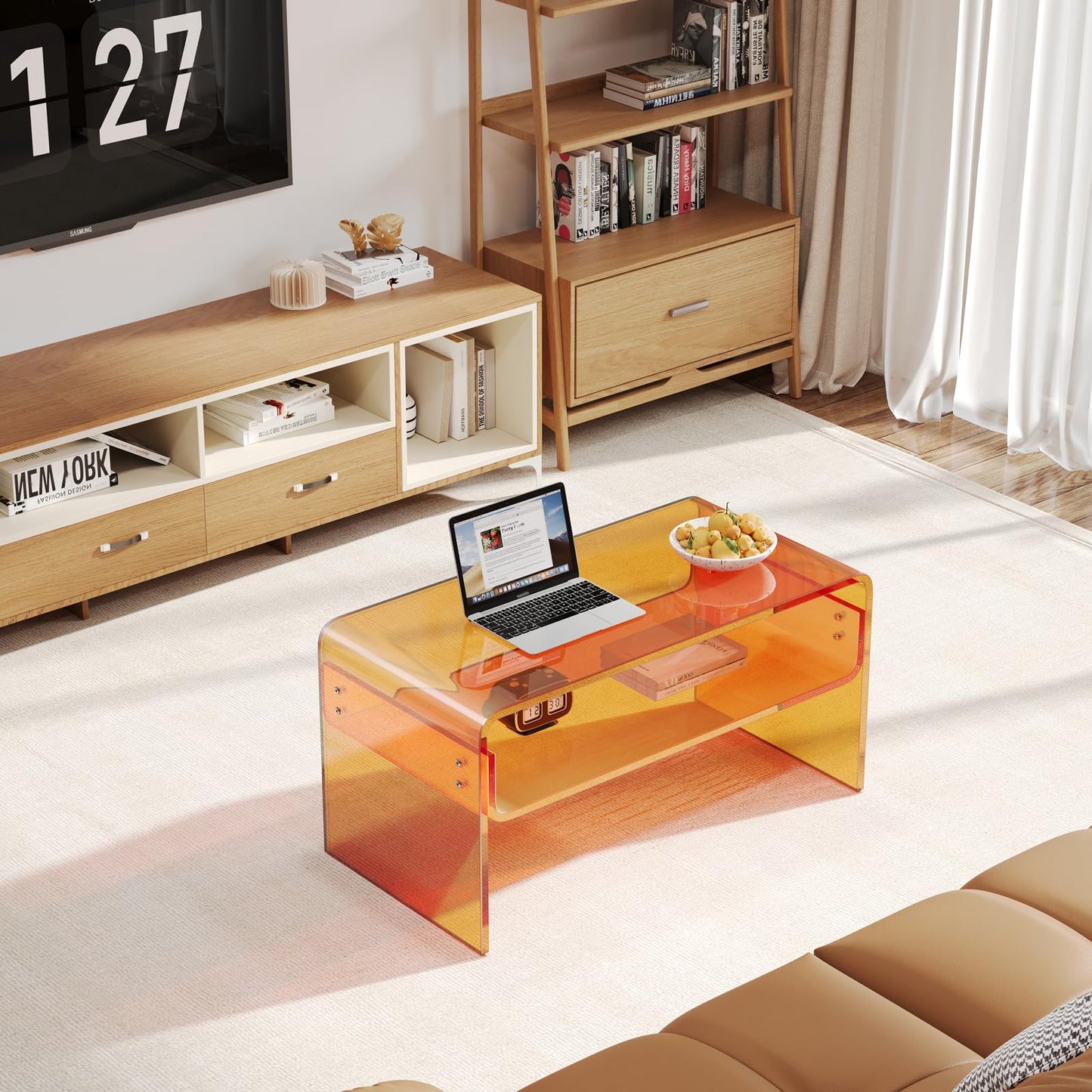 XOHYW Acrylic Coffee Table, Orange Rectangle Acrylic Side Table Furniture, Modern Tea Table with Open Storage, Acrylic End Table for Living Room, Office Reception and Bedroom