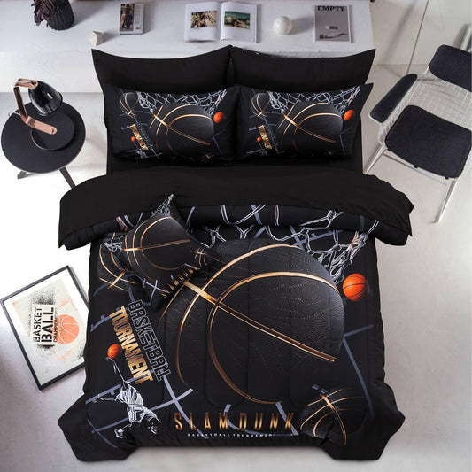 A Nice Night Basketball Court Printed Comforter Sets,with Sportsman Slam Dunk Printing 6Pcs Bedding Set in a Bag for Teen Boys,Twin