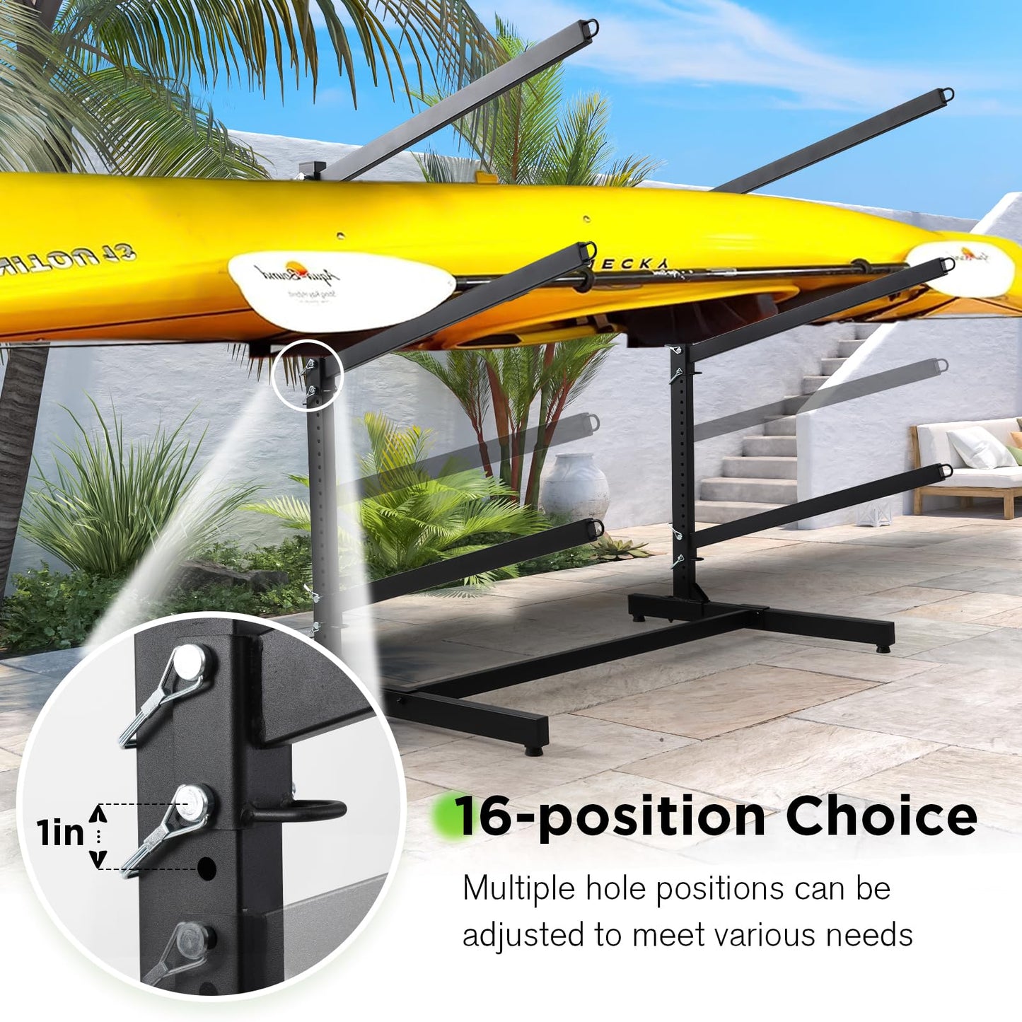 Danrelax Freestanding Kayak Storage Rack – Weatherproof, Holds Kayaks up to 46'' Length and 36'' Width, Adjustable Height 28''-42'' for Indoor Use