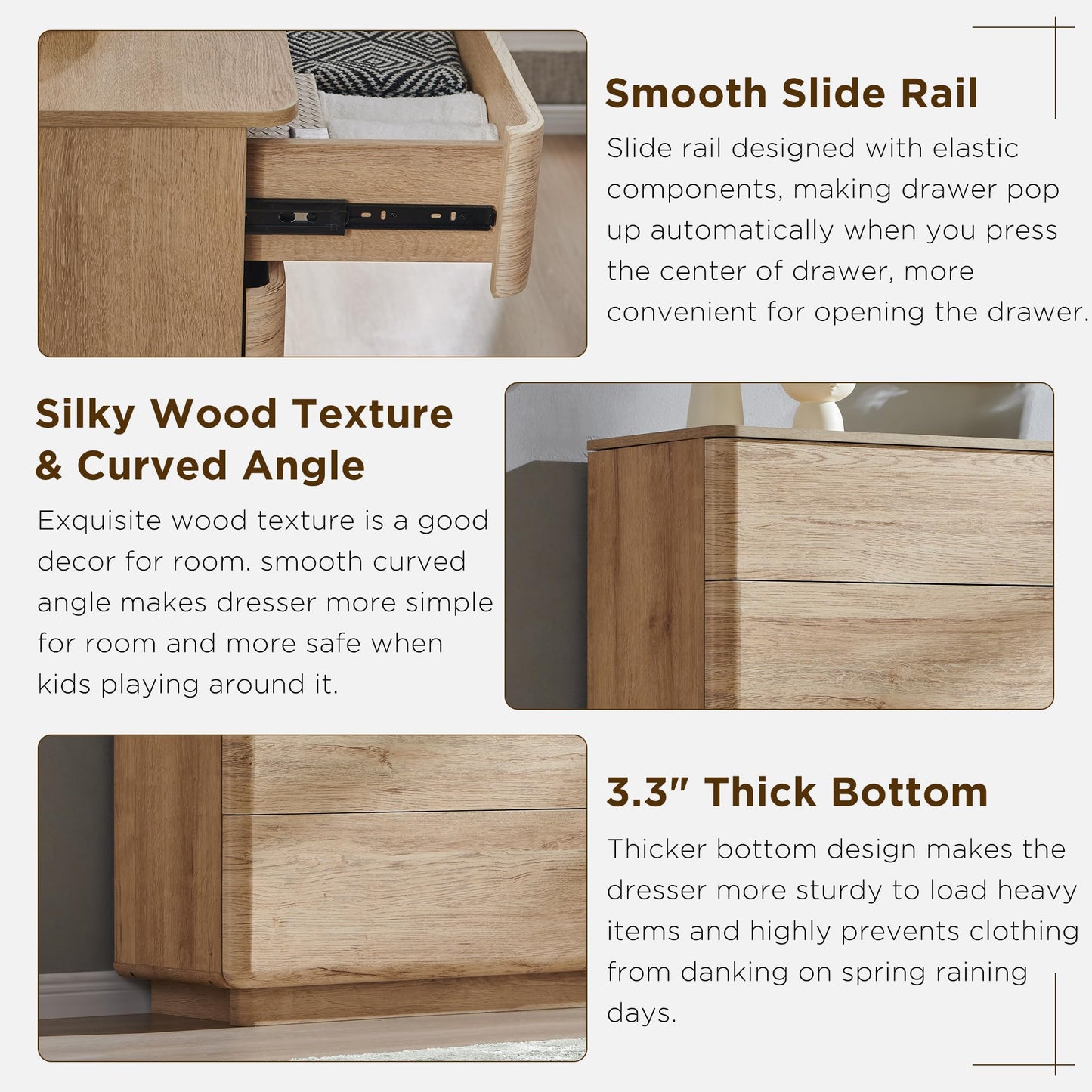 ACCOHOHO Modern 6 Drawer Dresser for Bedroom, Farmhouse 52" Wide Dresser TV Stand with Large Drawers, Natural Texture, Curved Angle for Room, Hallway and Entryway, Nutural Oak