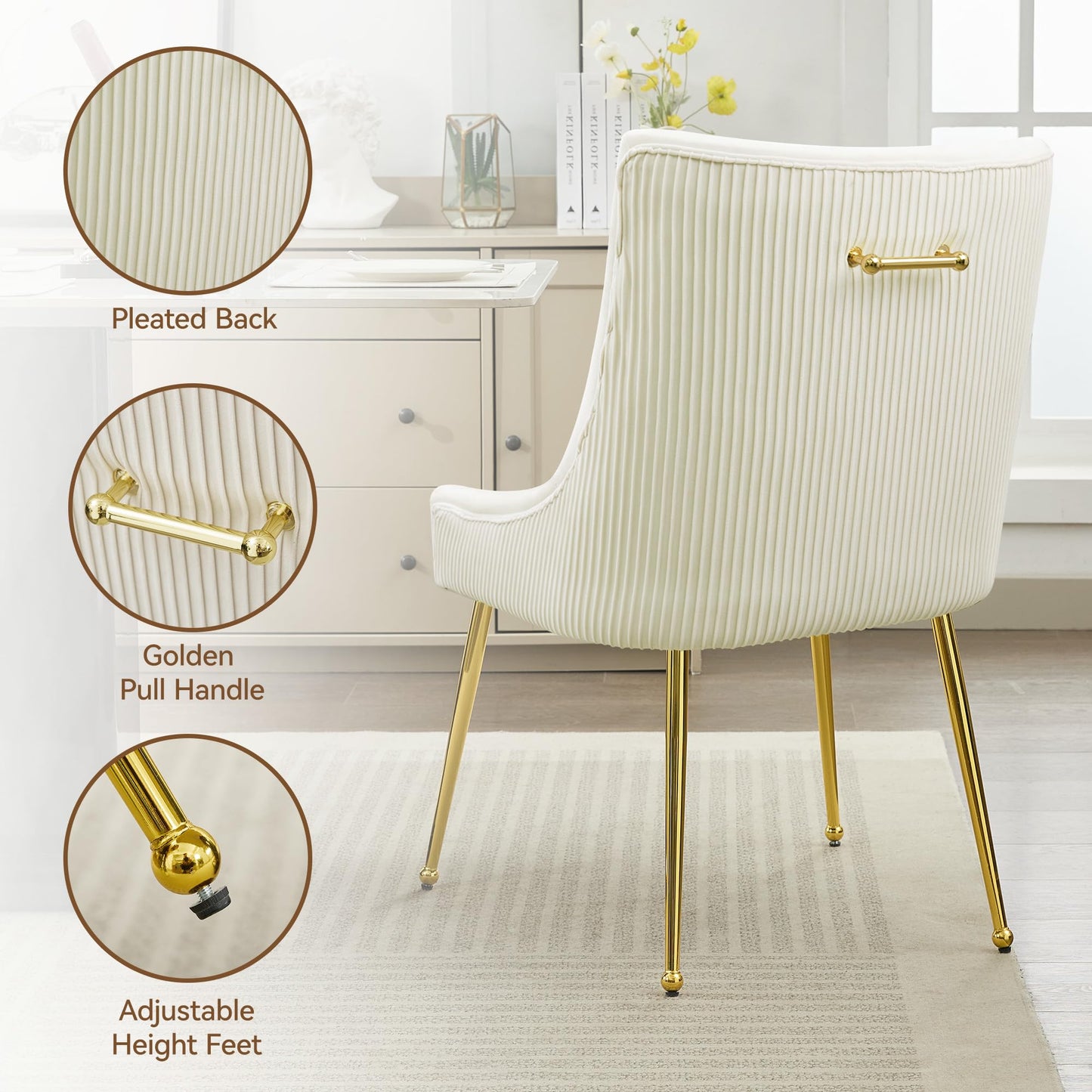 WUTUTUEE Velvet Dining Chairs Set of 2 Gold Legs,Upholstered Velvet Accent Chairs, Pleated Back Design & Gold Pull Handle, Mid Century Modern Chairs for Dining/Kitchen/Living Room,Beige