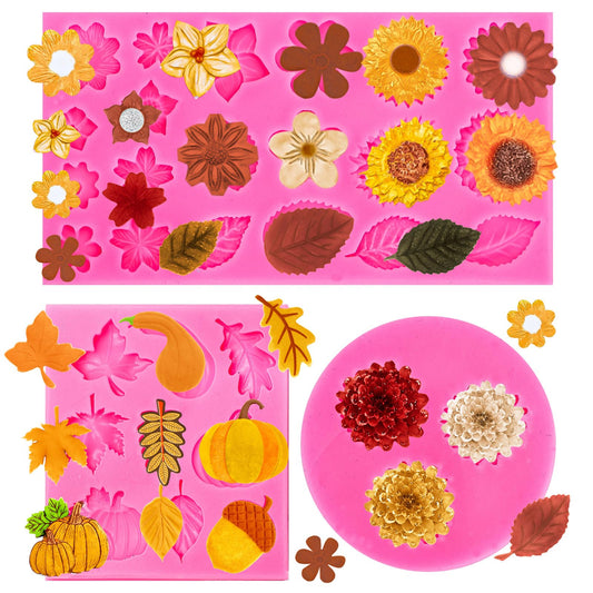 Whaline 3Pcs Fall Fondant Molds Fall Floral 3D Silicone Moulds Pumpkin Maple Leaf Flower Pine Cone Pattern Resin Molds Autumn Cupcake Cookie Candy Baking Moulds for Fall Thanksgiving Party DIY Crafts