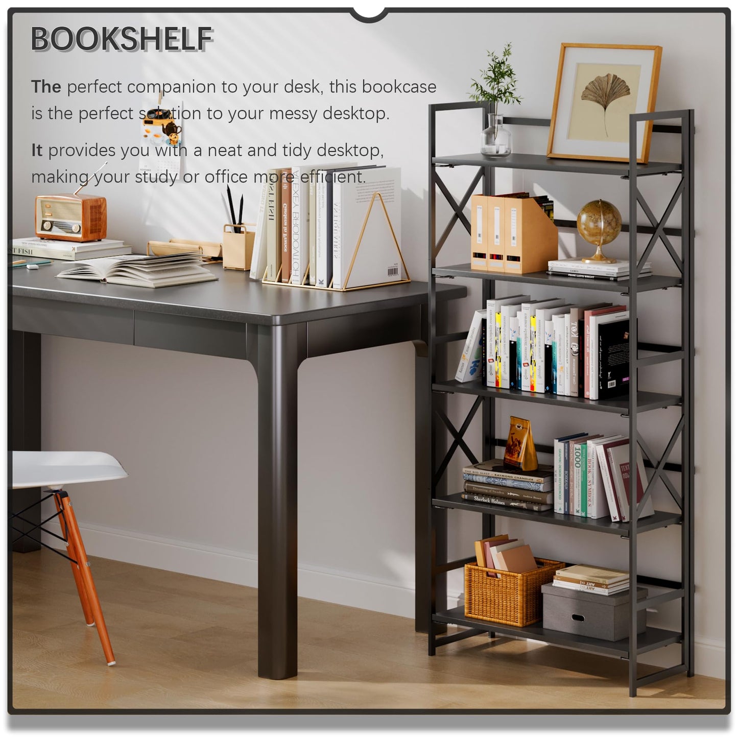 4NM 5 Tiers No Assembly Book Shelves, Black Folding Bookshelf Bookcase Open Industrial Foldable Shelves for Bedroom, Living Room, Home Office - All Black