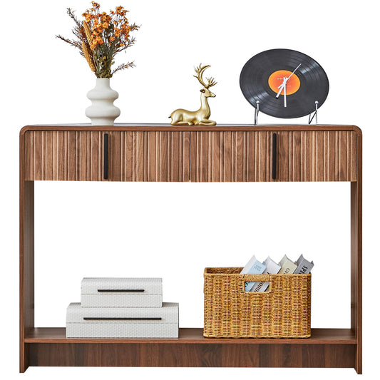 43.3" Narrow Console Table with 2 Drawer,Brown Fluted Entryway Table with Storage,Slim Long Sofa Table for Living Room,Hallway Entrance Foyer
