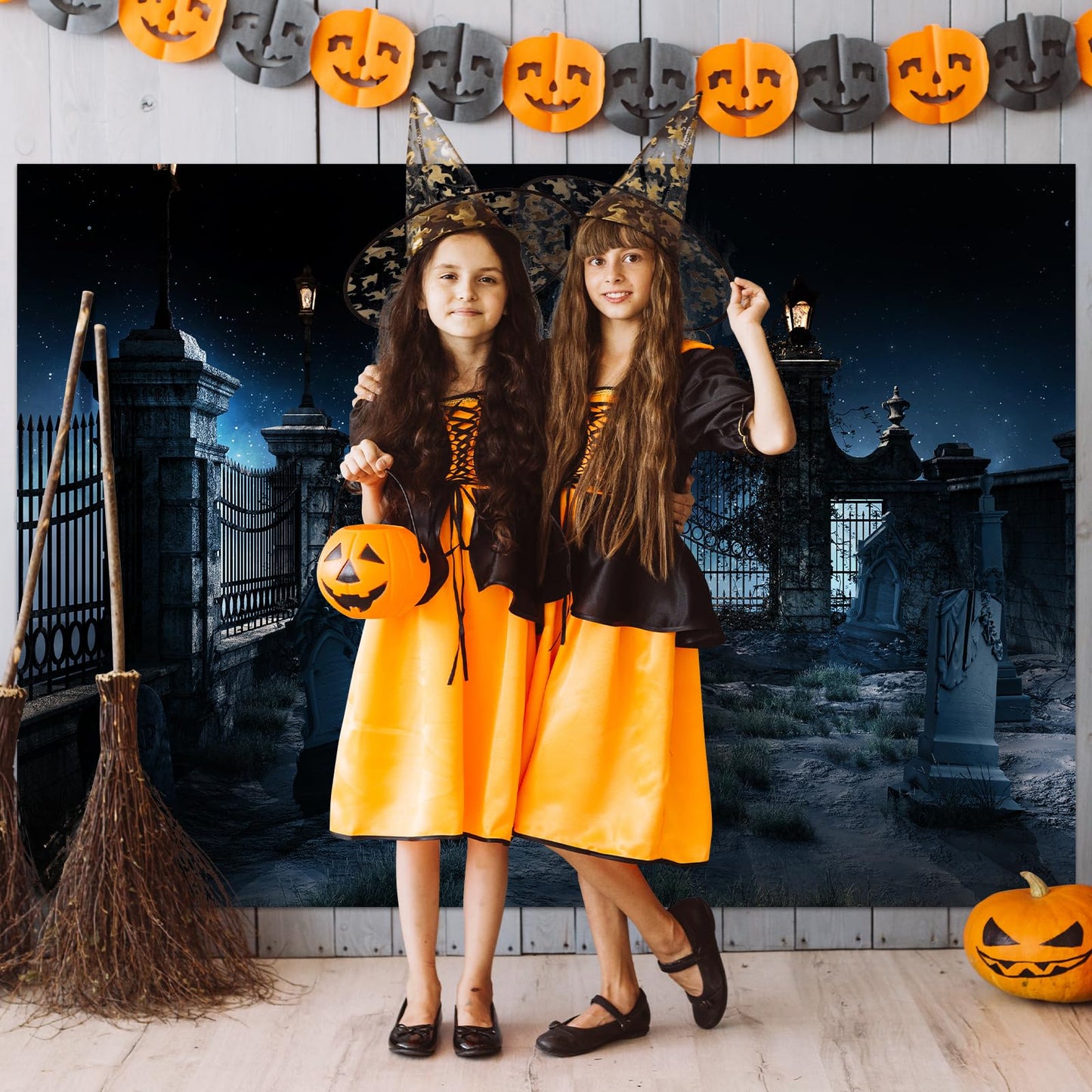 7 x 5 FT Halloween Graveyard Backdrop - Large Eerie Night Scene, Creepy Cemetery Gravestones Design Wall Hanging Background, Spooky Photography Photo Booth Props for Indoor Outdoor Party Decorations