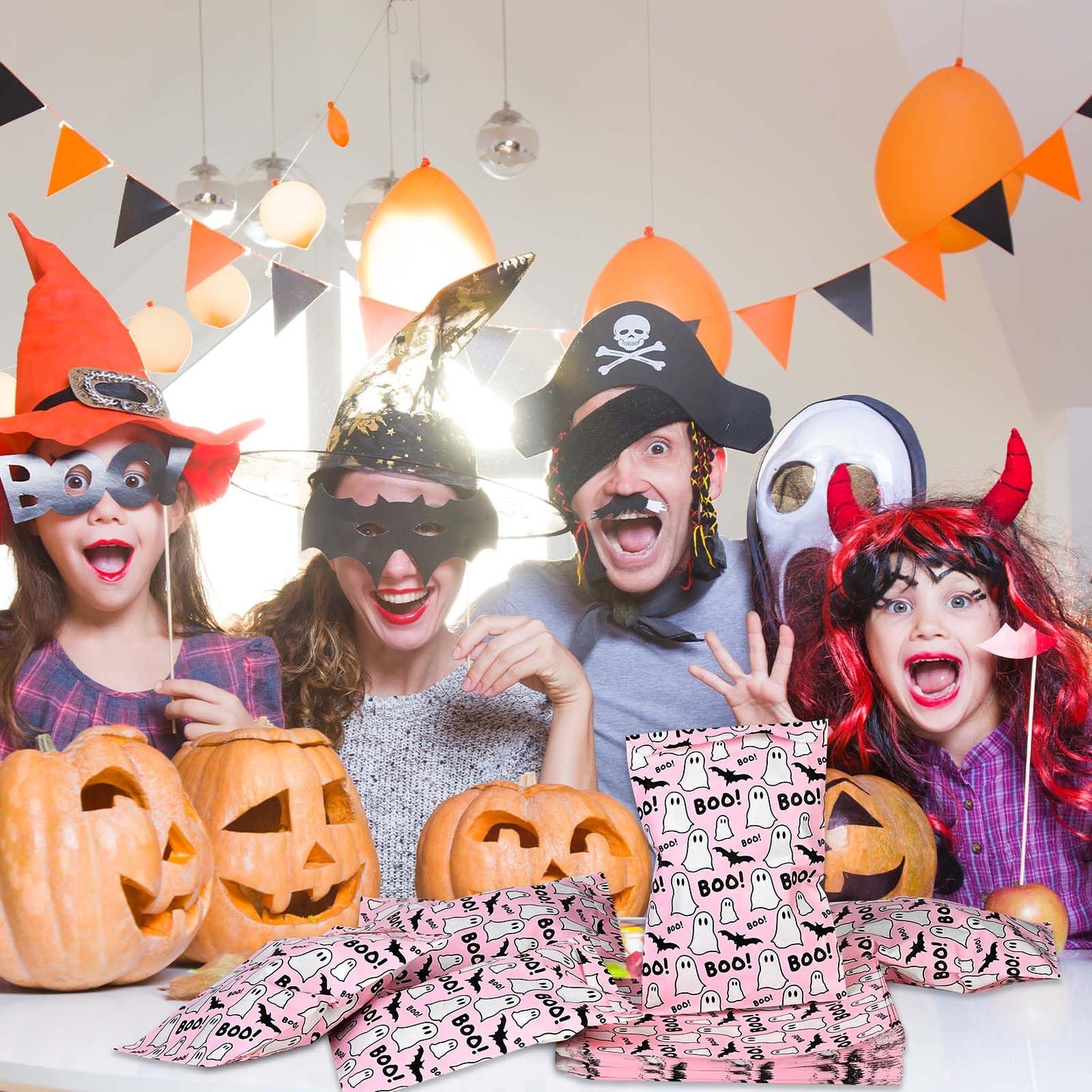 100pcs Halloween Treat Bags - Pink & Black Boo Ghost Paper Goodie Candy Bags for Trick or Treat Party Supplies