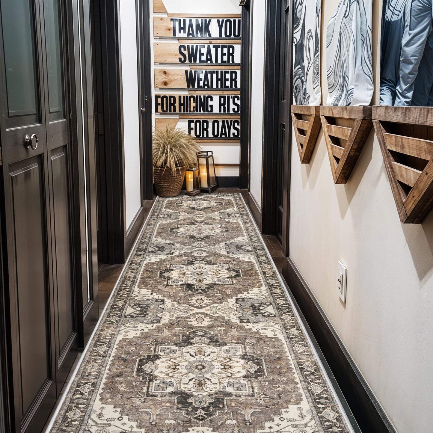 Washable Kitchen Runner Rug - 2'6''x12' Hallway Rug Distressed Mats Non-Slip Soft Room Floor Carpet for Dining Room (Beige, 2'6'' x 12')
