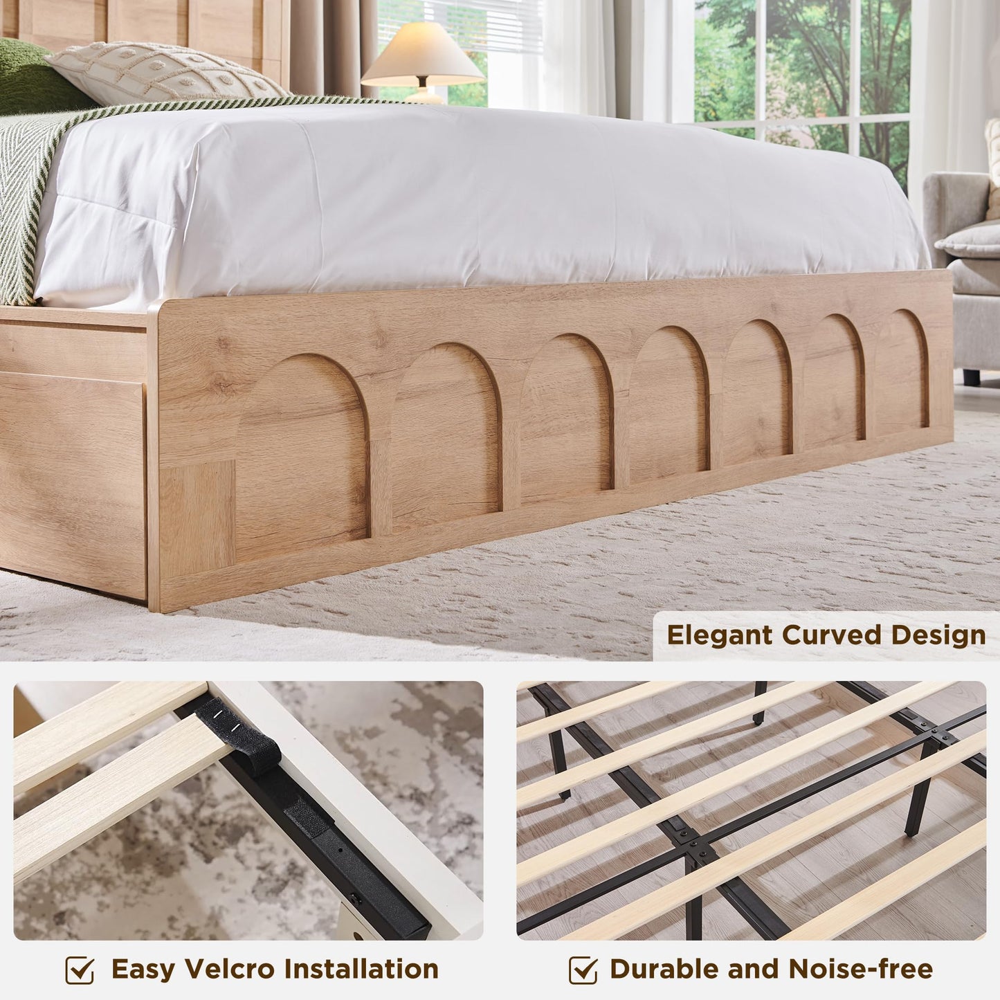 ACCOHOHO King Size Bed Frame Modern with 52" Tall Arched Recessed Headboard and 4 Drawers, Solid Wood Slats Support, Wood Platform, Noise Free, No Box Spring Needed, Natural Oak