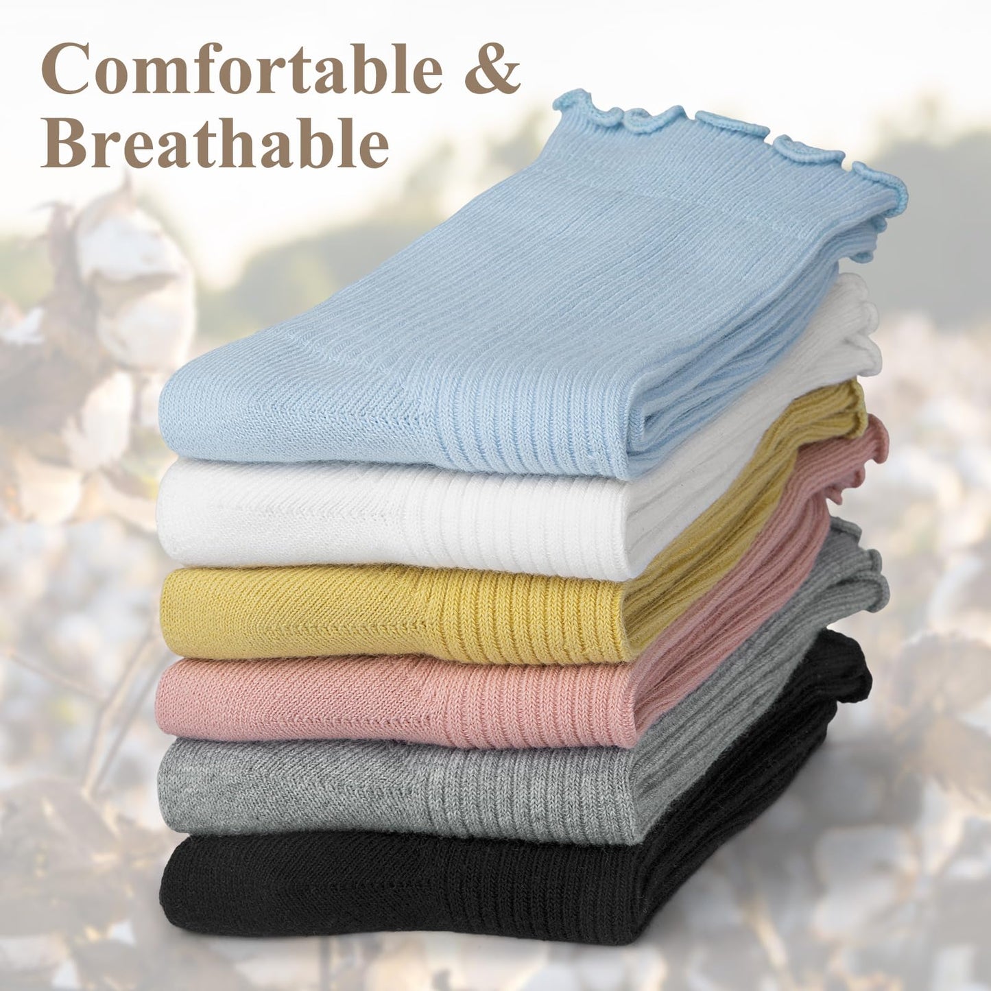 6 Pairs Cute Ruffle Socks Women, Womens Crew Frilly Turn-Cuff Dress Soft Breathable Novelty Colorful Girls Ankle Socks 5-10