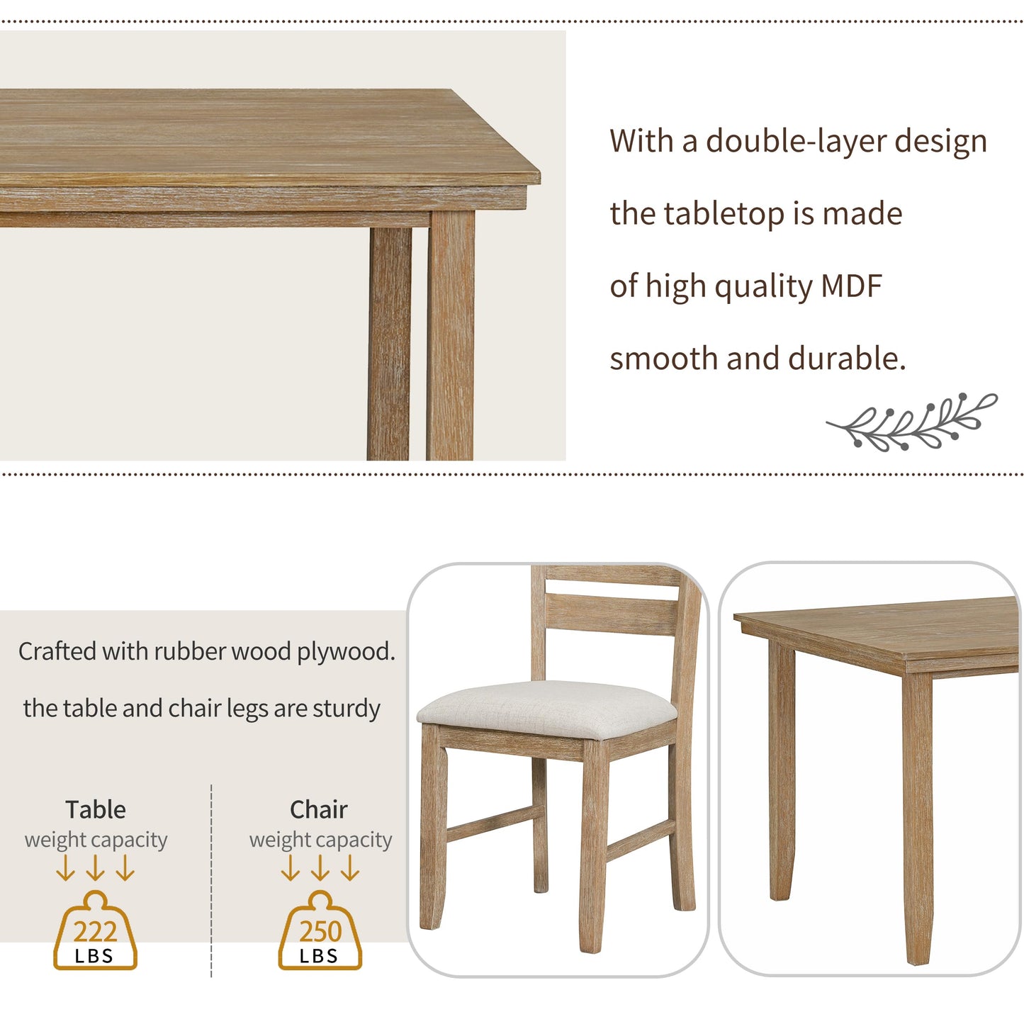 6-Piece Dining Table Set with Bench for 6 Rectangular Kitchen Table Set with 4 Chairs & Bench Retro Dining Room Table and Chairs for Kitchen, Dining Room (Natural)