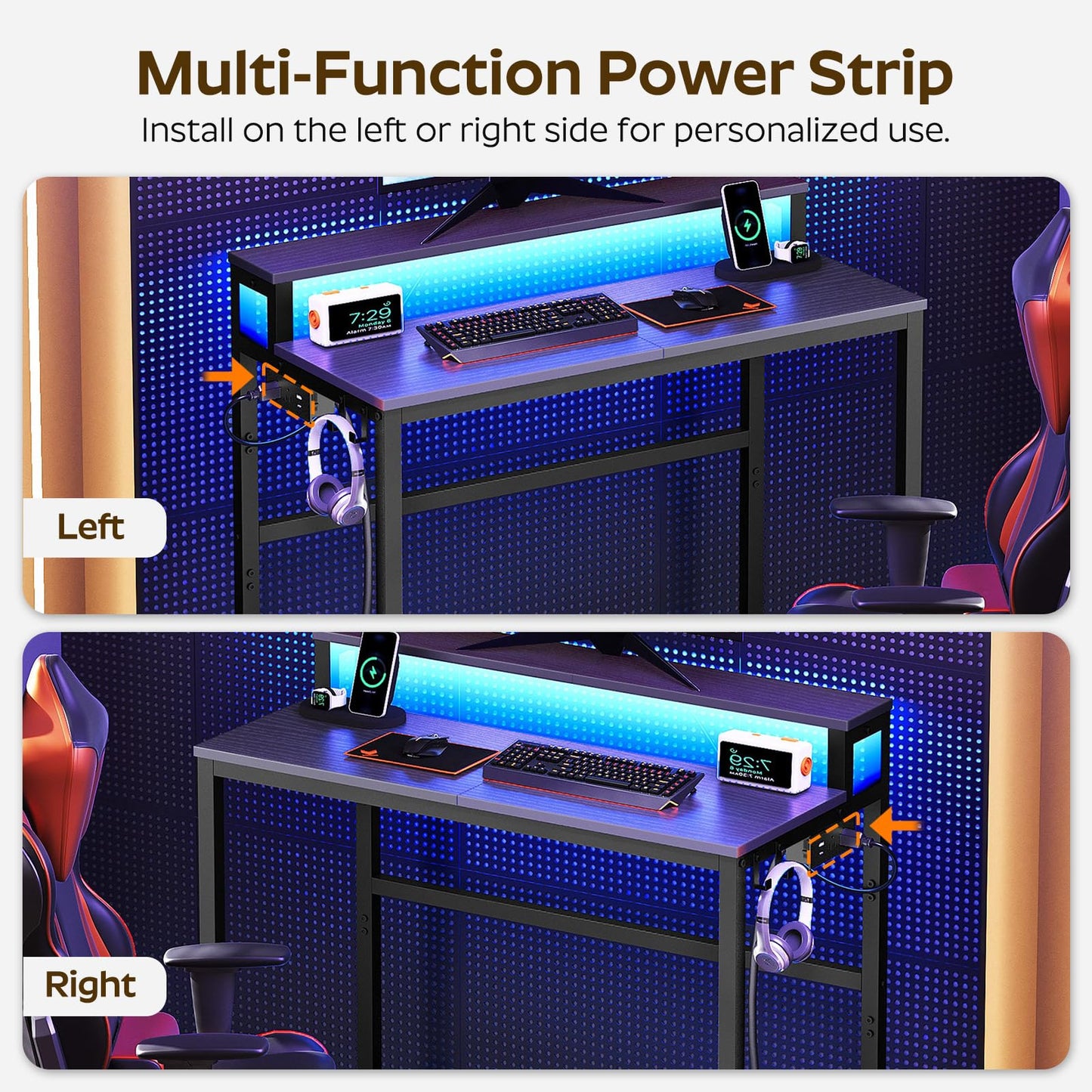 YATINEY Computer Desk with Charging Station and LED Lights, Gaming Desk with Monitor Stand, 2-Tier Home Office Desk with 4 Side Hooks, for Living Room, Home Office, Black DN01UDBBY1