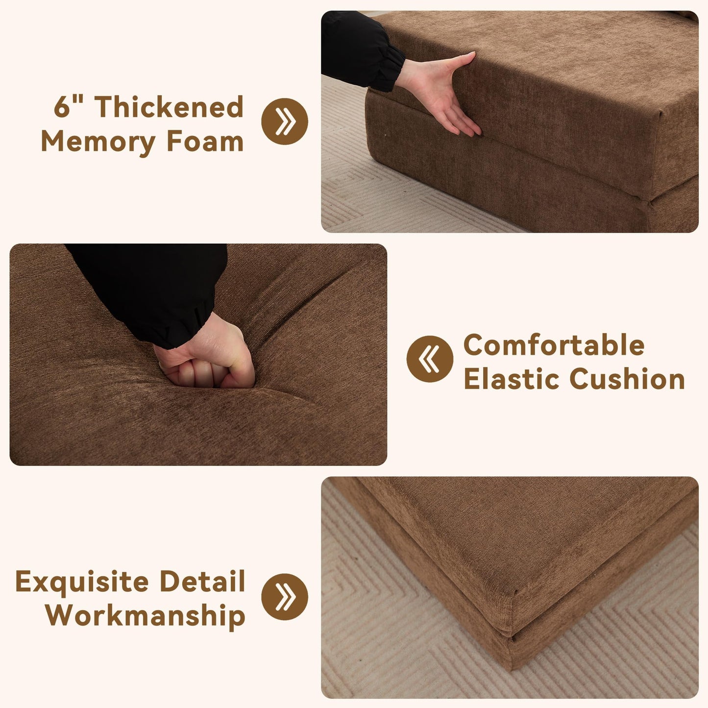 WUTUTUEE Folding Sofa Bed Convertible Floor Couch Foldable Chair Bed with Pillow, Linen Sleeper Chair Futon, Foldable Memory Foam Mattress for Bedroom/Living Room/Dorm/Office (Brown, Single)