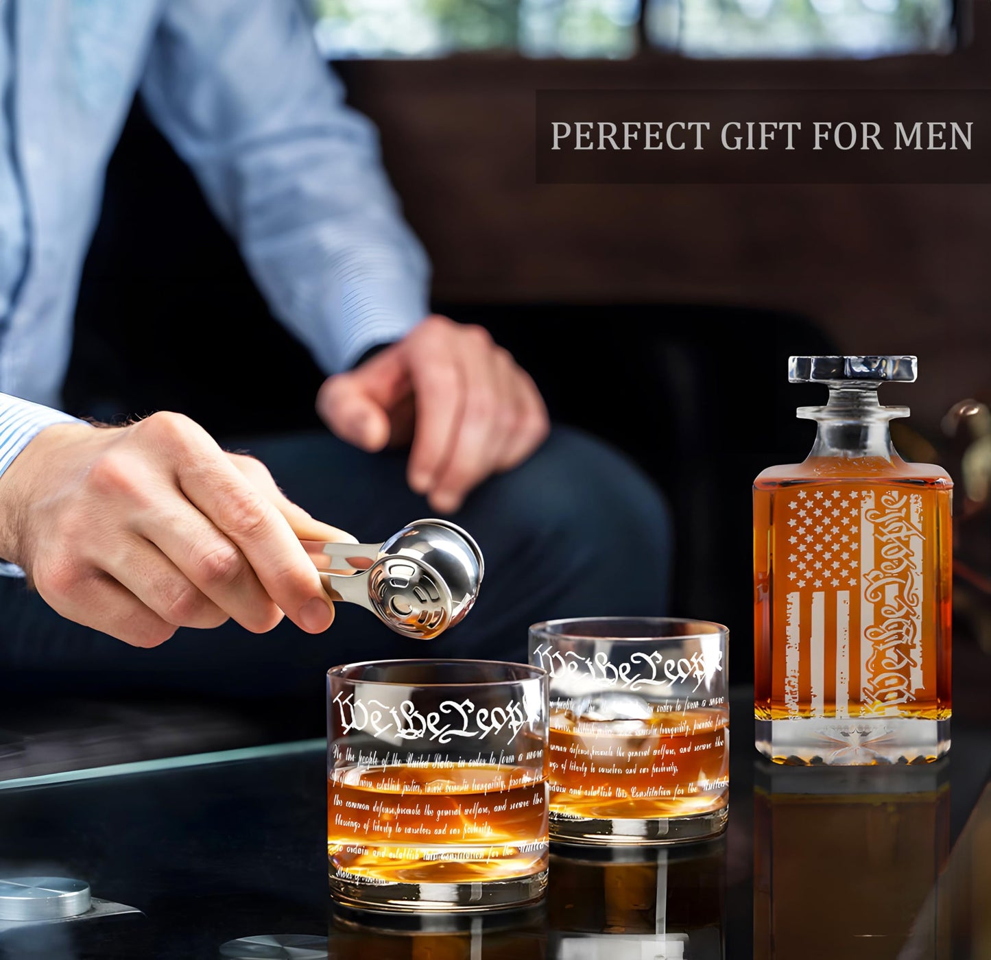 Whiskey Decanter Engraved We The People American Flag Decanter Set with 2 Glasses for Liquor Scotch Bourbon or Wine, Father's Day Patriotic Gift