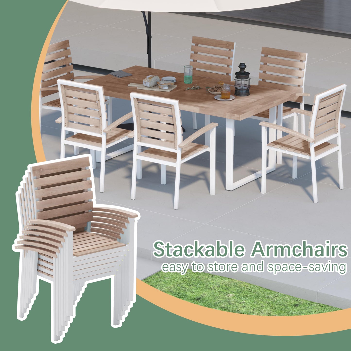 WiberWi 7 Piece Outdoor Dining Set for 6, Acacia Wood 59.1" Patio Table and Chairs Set with Metal Frame, Patio Dining Furniture Set for Garden, Balcony, Backyard, Poolside, Natural & White