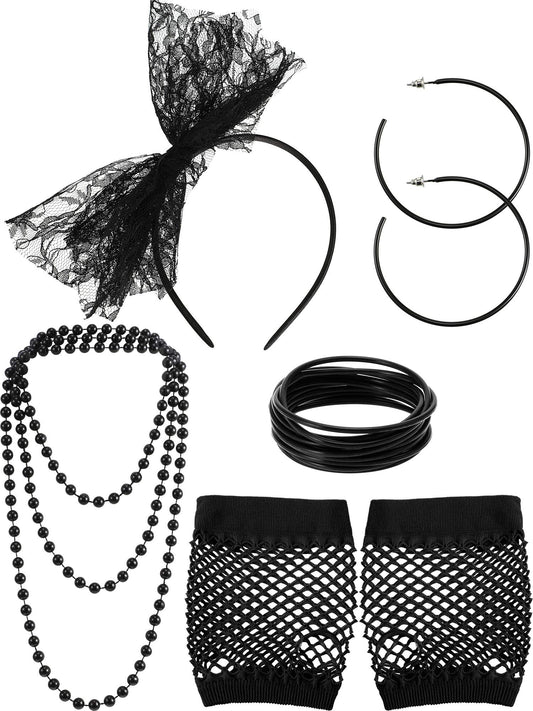 80s Fancy Dress Costume Accessories Lace Headband Earrings Fishnet Gloves Necklace Bracelet for 80s Retro Party (Black)