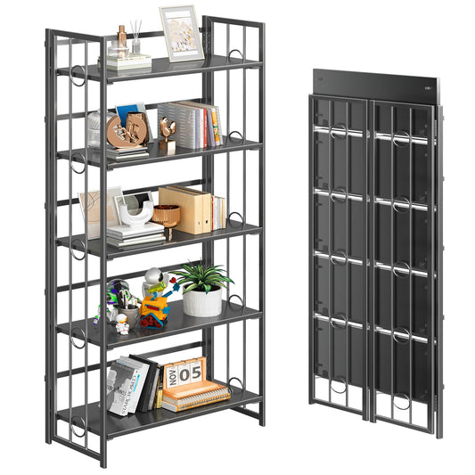 4NM No-Assembly 5 Tiers Folding Bookshelf Storage Shelves Vintage Bookcase Standing Racks Study Organizer Home Office - All Black