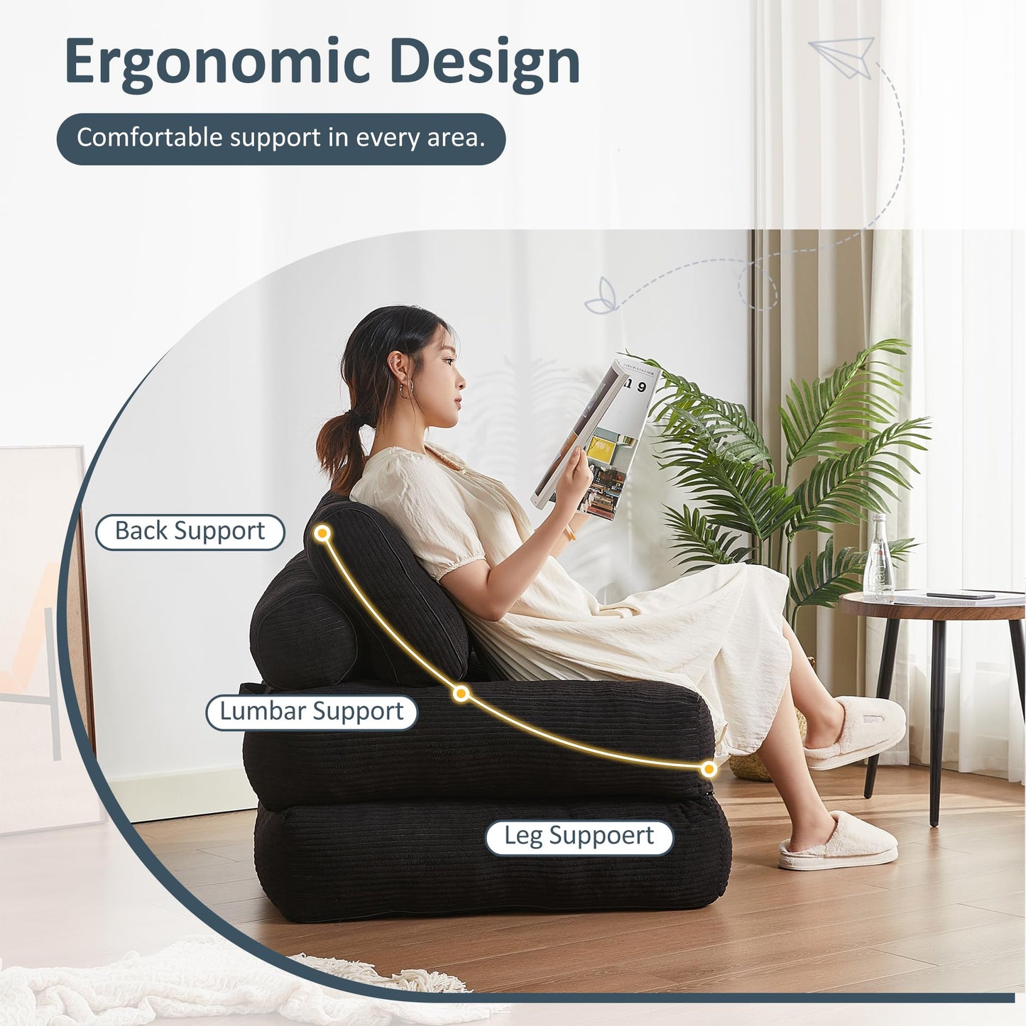 Afuson Folding Chair Bed, Futon Sofa Bed, Floor Couch for Adults Chair Bed for Living Room, Lounge Sofa, Convertible Sofa Bed, Small Couches for Small Spaces, Black