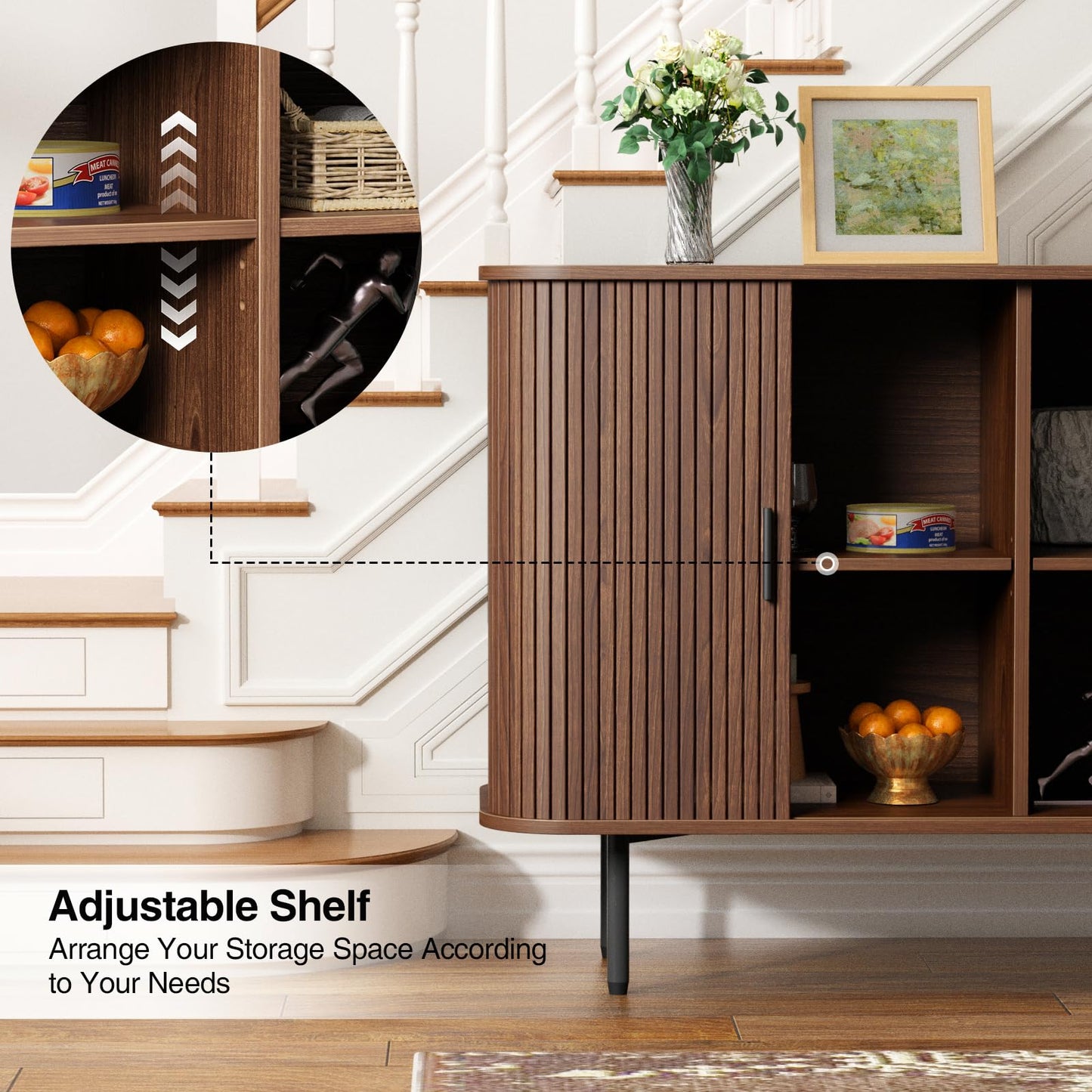 47''W x 32''H Walnut Storage Cabinet, Fluted Sideboard Buffet Cabinet with Storage, Console Table Credenza with Tambour Slatted Sliding Doors, TV Stand for Living Room, Kitchen