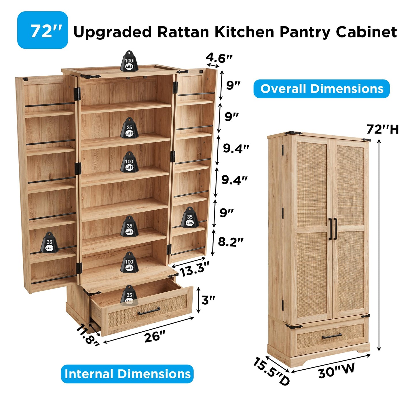 ACCOHOHO 72" Tall Rattan Kitchen Pantry Cabinet with Drawer, Boho Storage Cabinet with 2 Rattan Doors and Shelves, Versatile Large Cabinet for Dining Room, Bathroom, Living Room, Laudry, Natural Oak