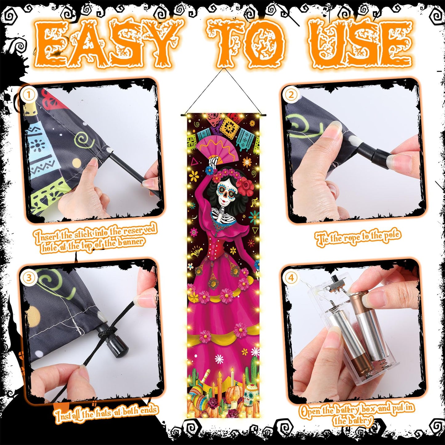 VitalCozy 10 Pcs Day of The Dead Decorations Dia De Los Muertos Porch Sign Banners with LED Lights Halloween Sugar Skull Decor Mexico Dia De Los Muertos Altar Backdrop Papel Picado Marigold Garland