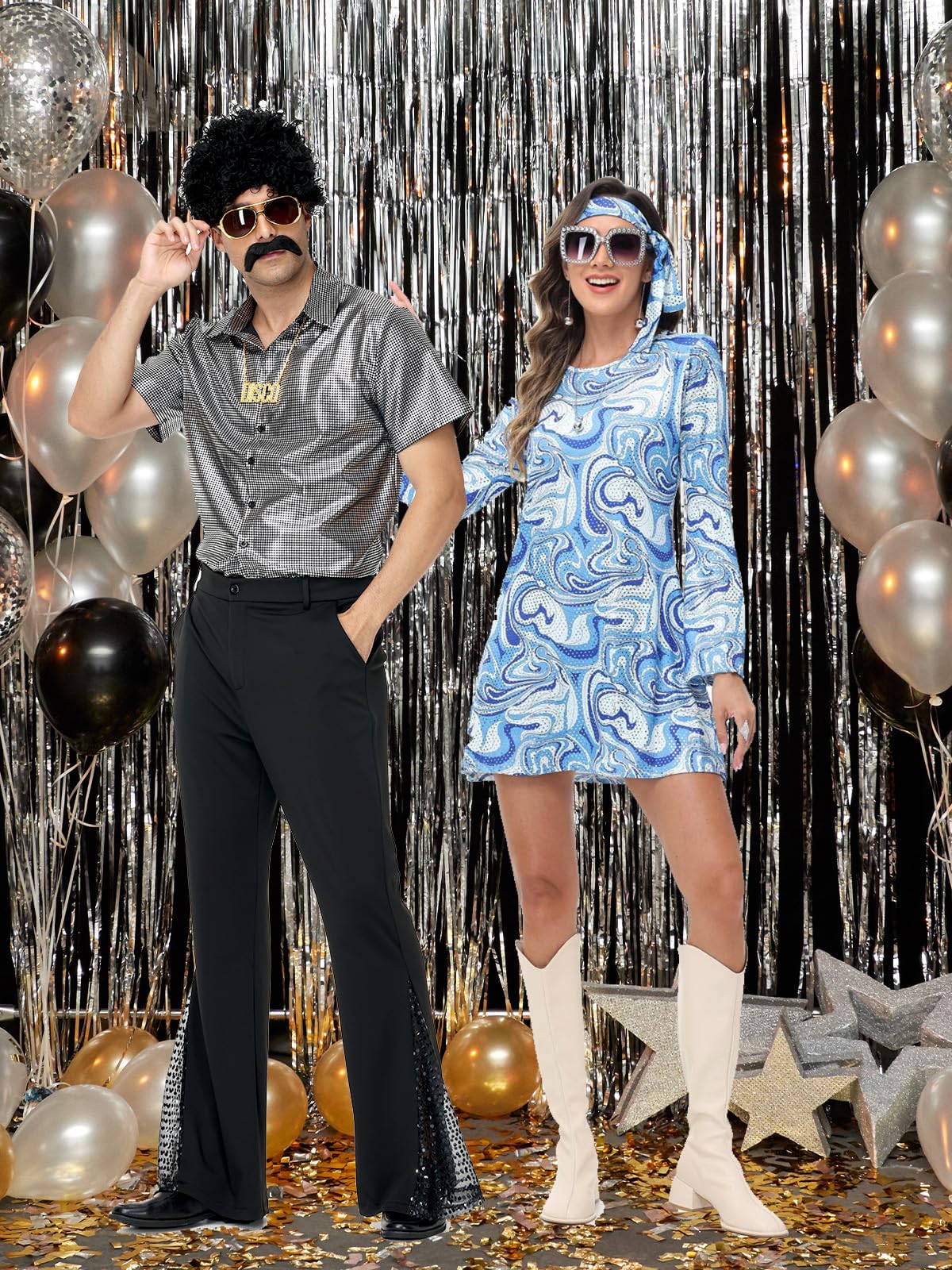 Wianja 70s Disco Outfits for Men - 7pcs 70s Costumes Bell Bottom Pants Shirts Wigs Necklace Moustache Sunglasses Hairnet