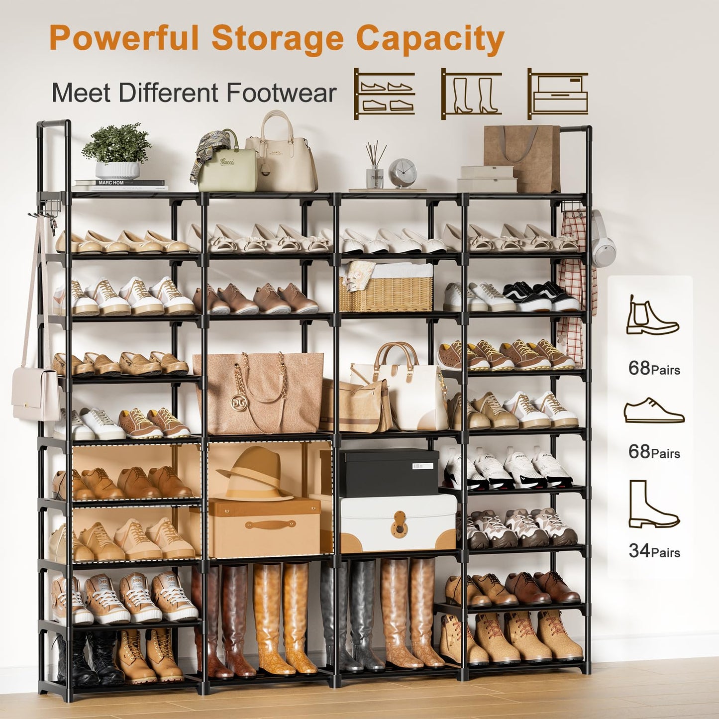 WOWLIVE 4 Row 9 Tiers Extra Large Shoe Rack 72-80 Pairs Big Tall Metal Shoe Shelf, Heavy Duty Organizer for Closet Entryway, Boot Rack Storage Stackable Stand for Garage Black