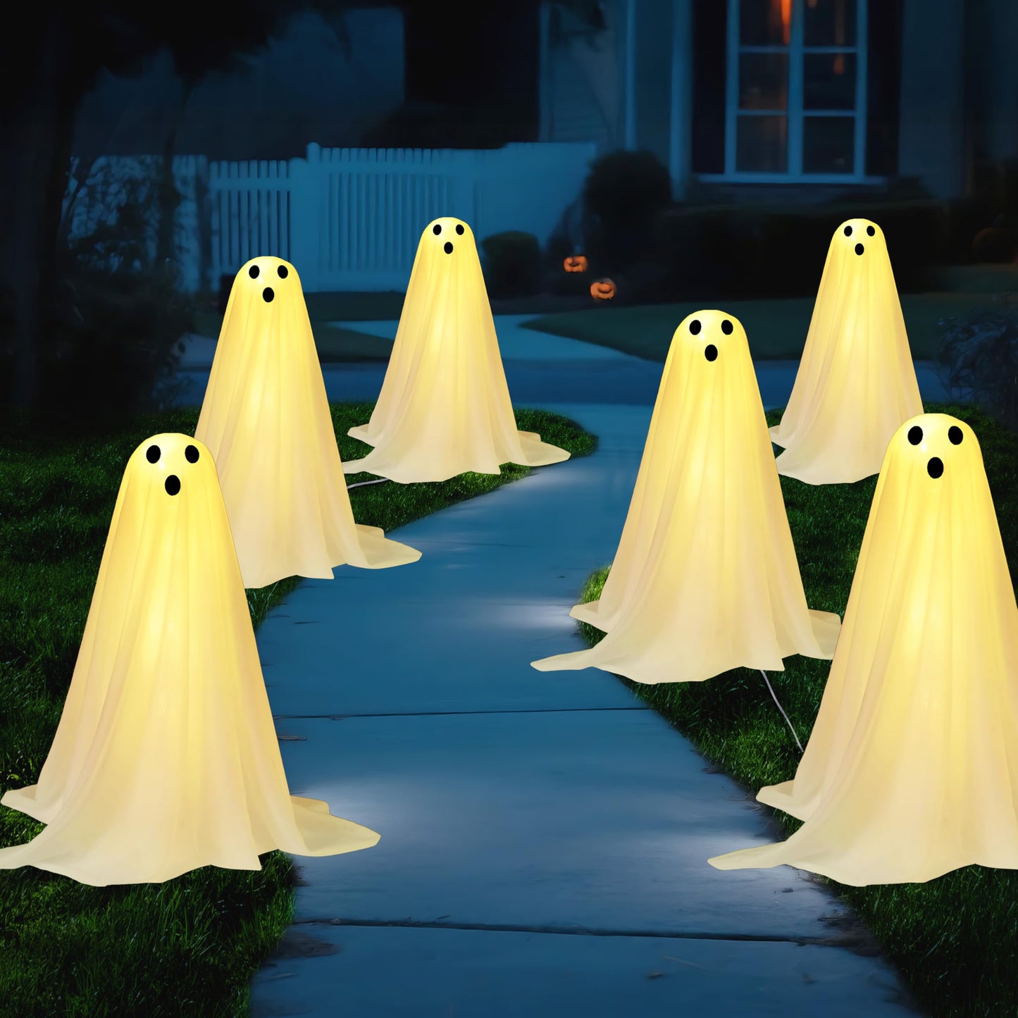 JOYIN 6 Pcs Halloween Decorations Outdoor Ghosts Pathway Lights, 18” White Light Up Cloth Ghost with Yard Stakes for Graveyard Yard Lawn Garden Prop, Party Decor Supplies