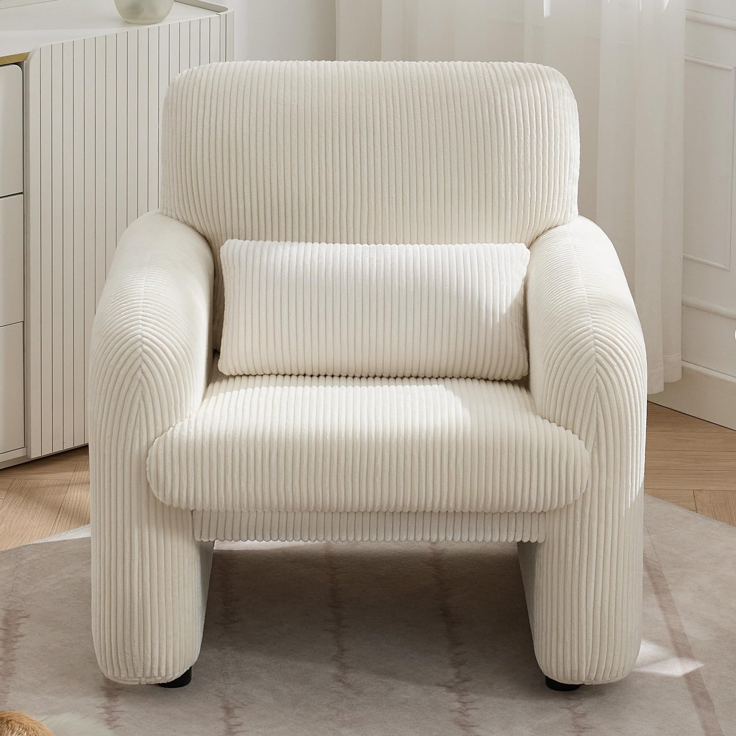 WUTUTUEE Corduroy Fabric Accent Chair, Modern Upholstered Living Room Chairs with Lumbar Pillow, Wide Comfy Leisure Armchair for Bedroom, Office, Reading, White