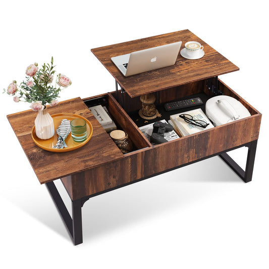 WLIVE Lift Top Coffee Table with Storage, 40.9" Coffee Table with Lifting Top & Sliding Cover, Wood Modern Center Table with 2 Hidden Compartment for Living Room, Retro Brown
