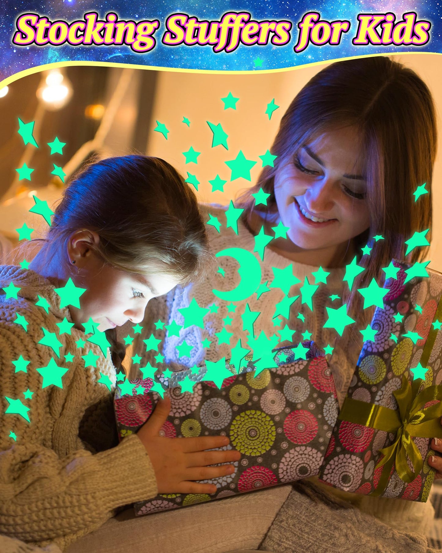 201 Pcs Glow in The Dark Stars Stickers for Ceiling, Toddler Stocking Stuffers Wall Room Decor Gifts, Luminous 3D Glowing Stars Easter Basket Stuffers for Kids Boys Girls