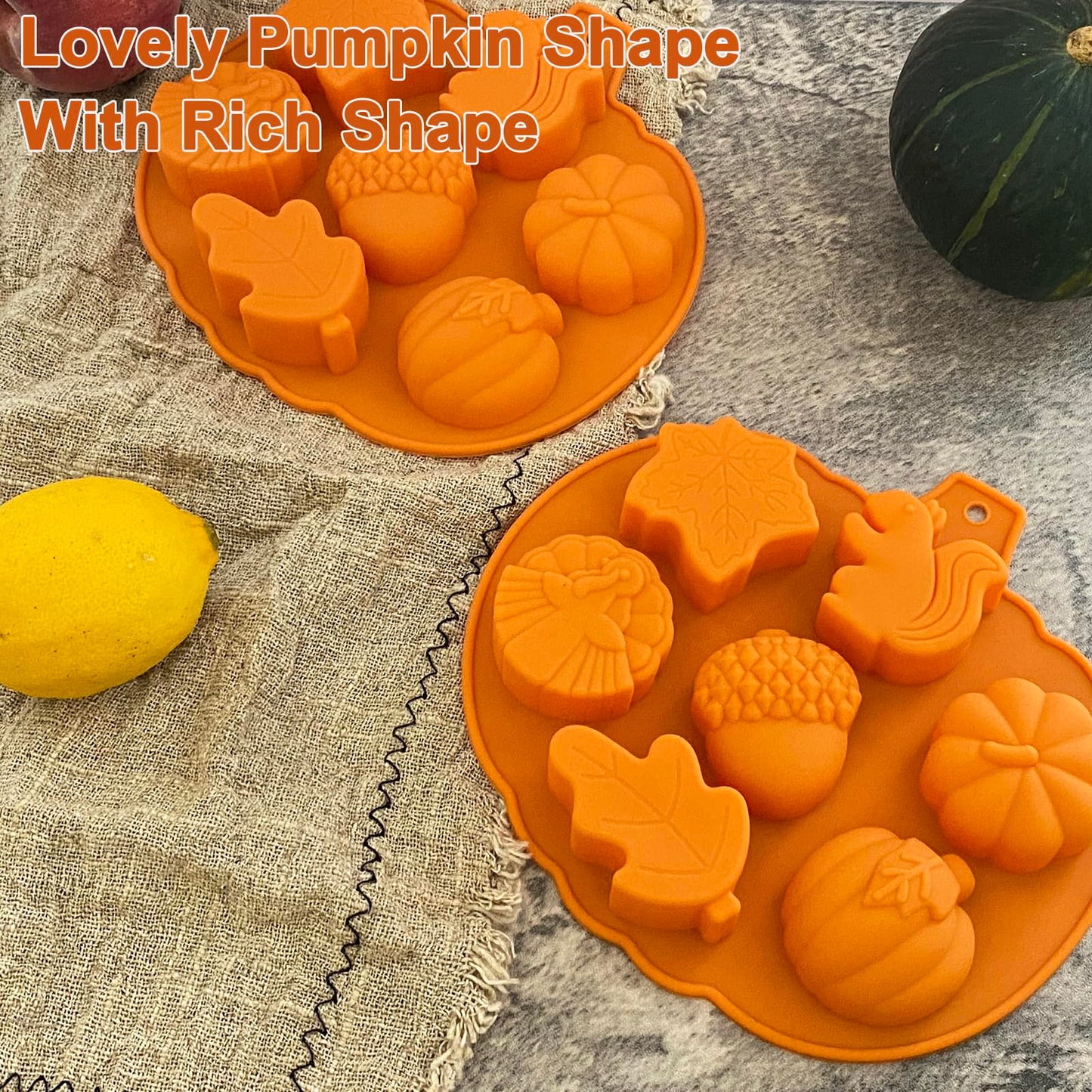 2PCS Fall Silicone Molds Thanksgiving Chocolate Mold Pumpkin Soap Mold Autumn Maple Leaf Candy Mold Acorn Squirrel Ice Cube Mold for Baking Halloween Cake Cupcake Decoration (Amber yellow)