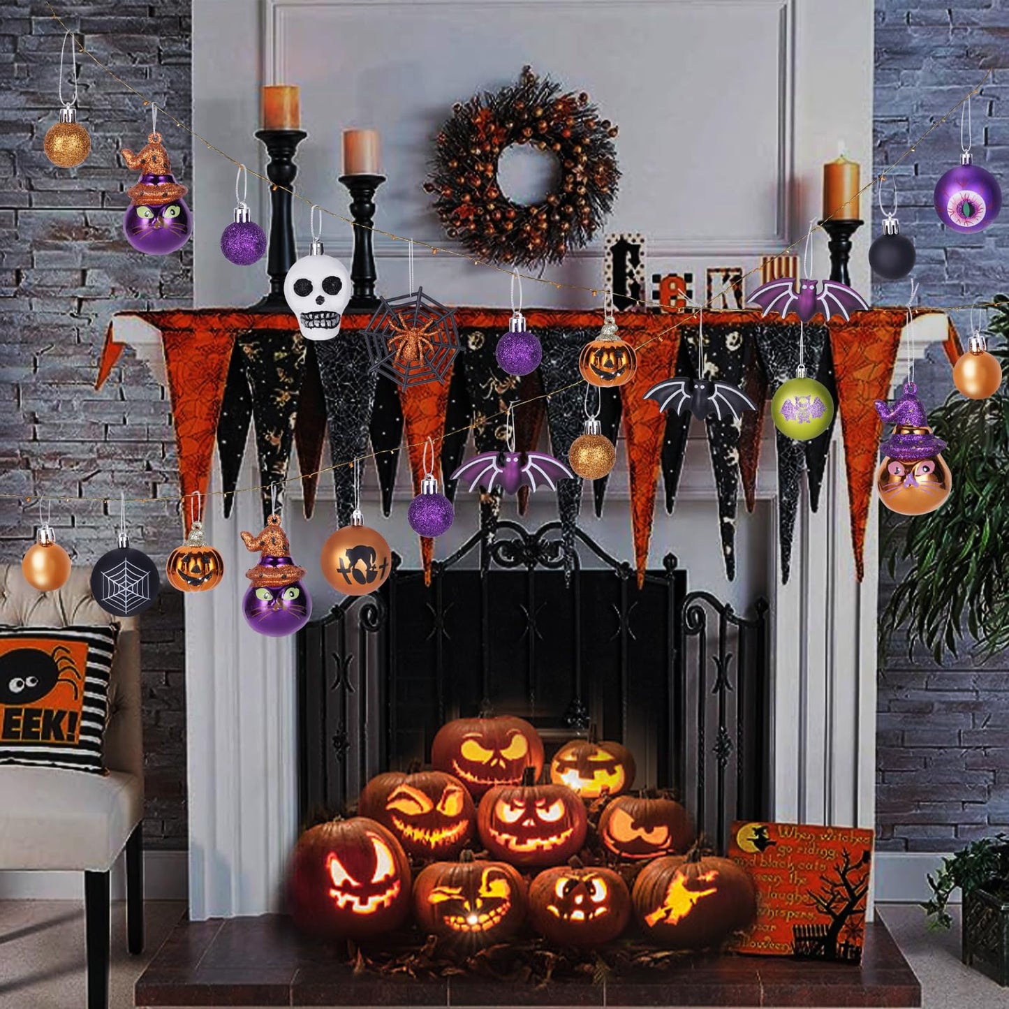 28Pcs Halloween Ball Ornaments Set, Shatterproof Hanging Halloween Tree Ornaments with Spider, Pumpkin, Skull Design for Indoor&Outdoor Holiday Party Decoration