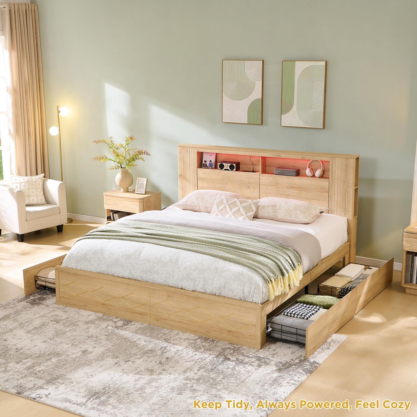 ACCOHOHO Modern King Size Bed Frame with 47" Tall Storage Headboard, 4 Drawers, Charging Station, Led Light, Wood Platform Bed with Solid Wood Slats, Noise Free, No Box Spring Needed, Natural Oak