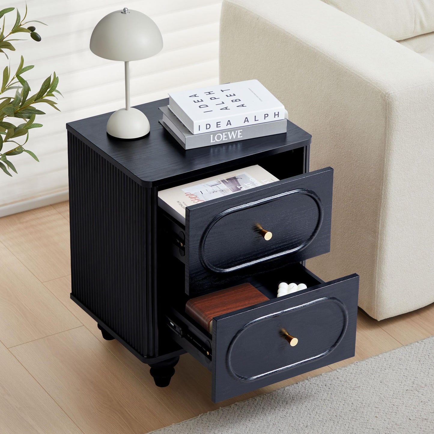 2 Drawer Fluted Nightstand Set of 2, Mid Century Modern Farmhouse Night Stand Small End Table Bedside Table for Bedroom, Living Room, Black
