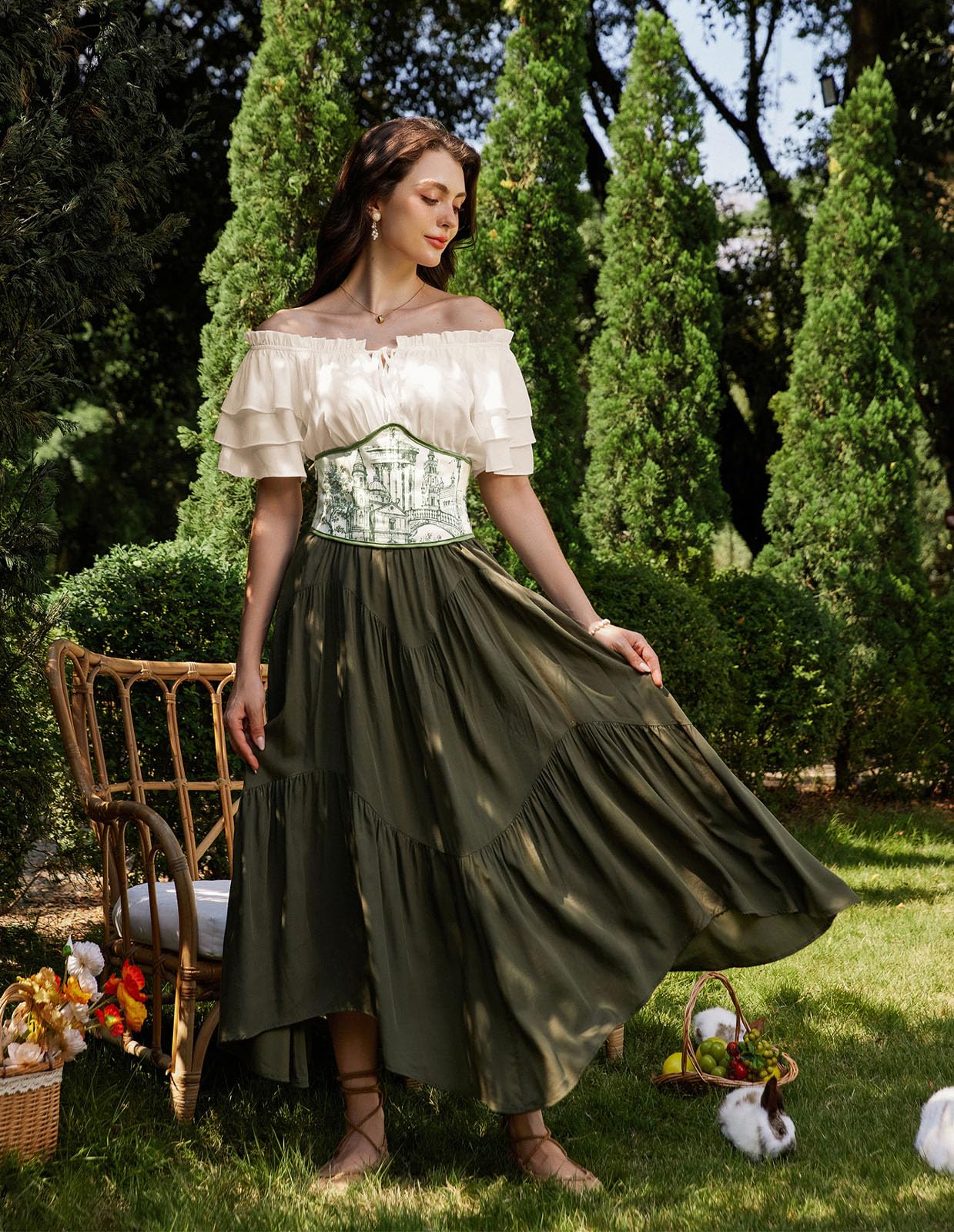 Women Renaissance Pirate Peasant Ruffled Shirt Blouse Holiday Tops Apricot M