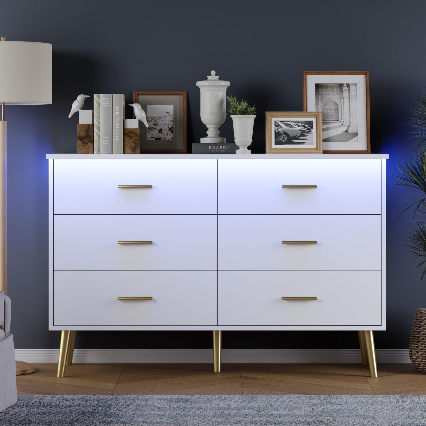 White Dresser for Bedroom, Dressers & Chests of Drawers for Clothes Storage, Wood Dresser for Closet with 6 Drawers, Wide Long Clothes Organizer with LED Light for Hallway, Entryway, Metal Handles