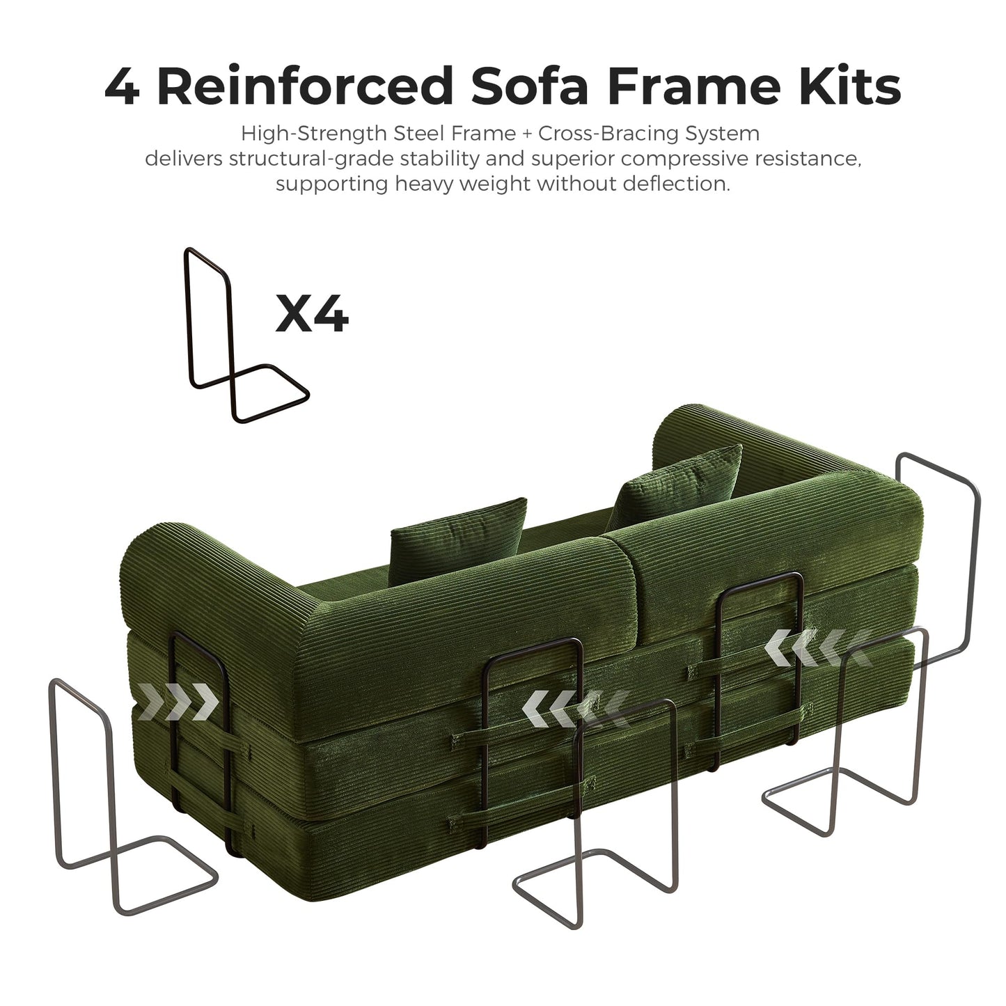 79'' Convertible Sofa Bed, Modular Couch Bed for Small Spaces with 2 Pillow, Corduroy Fabric Sofa with Plush Memory Foam, Floor Sofa Lounge Couch for Living Room Bedroom Lounge Studio（Dark Green）