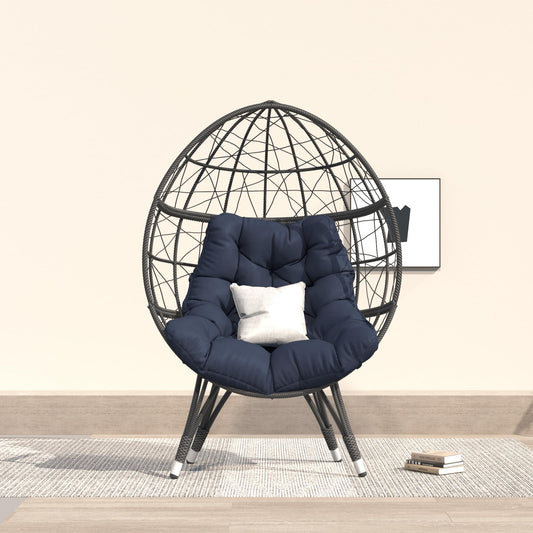 wallowsun Oversize Wicker Egg Chair, Outdoor Indoor Egg Basket Lounge Chair w Large Cushion for Patio Backyard Garden Living Room (Blue)
