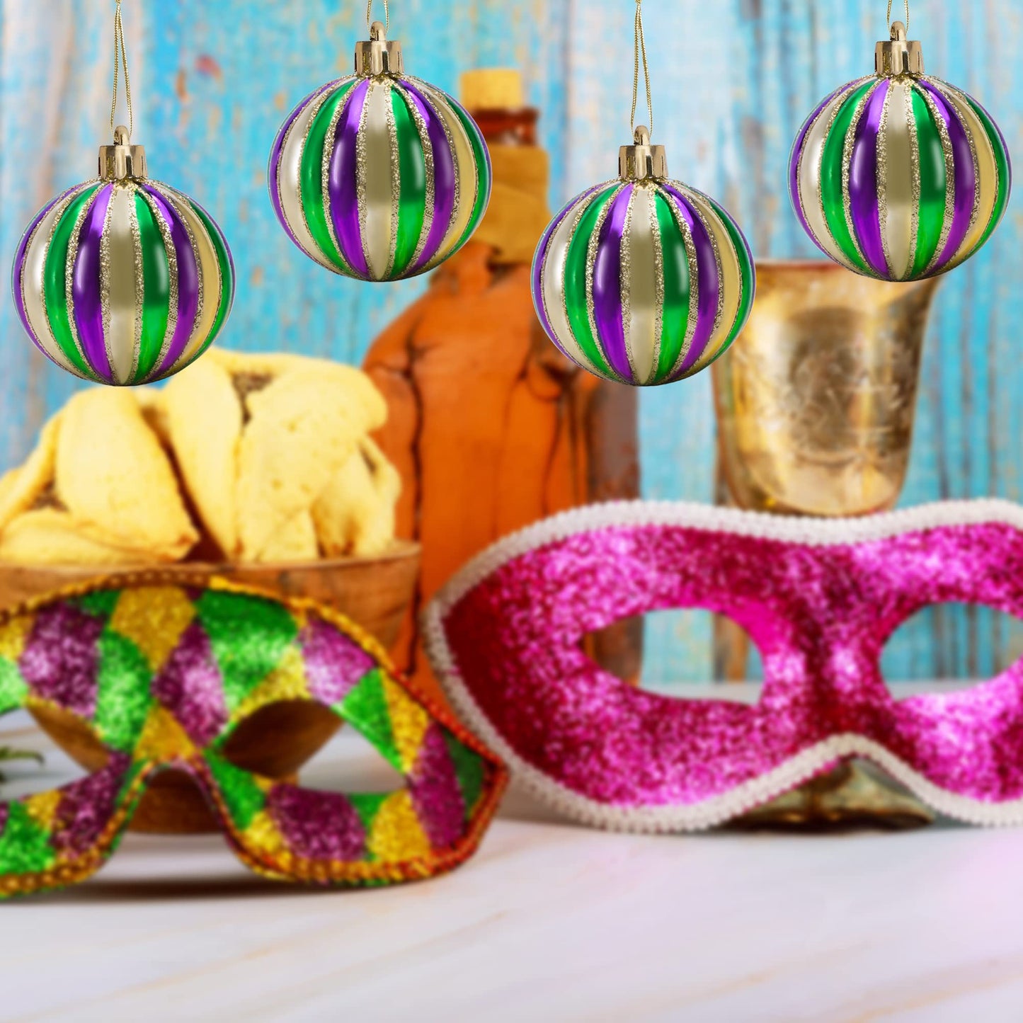 Watayo 12 PCS Mardi Gras Ball Ornaments- 2 Inch Mardi Gras Shatterproof Hanging Ornaments for Mardi Gras Holiday Christmas Ornaments New Orleans Party (Vertical Striped)