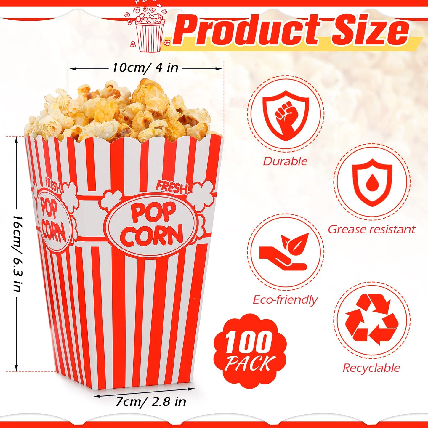 Xinnun 100 Pcs Popcorn Boxes 32oz Classic Stripe Paper Buckets Disposable Oil Proof Popcorn Container Retro Open Top Box for Movie Night Supplies Theaters Carnival Birthday Party(Red and White)
