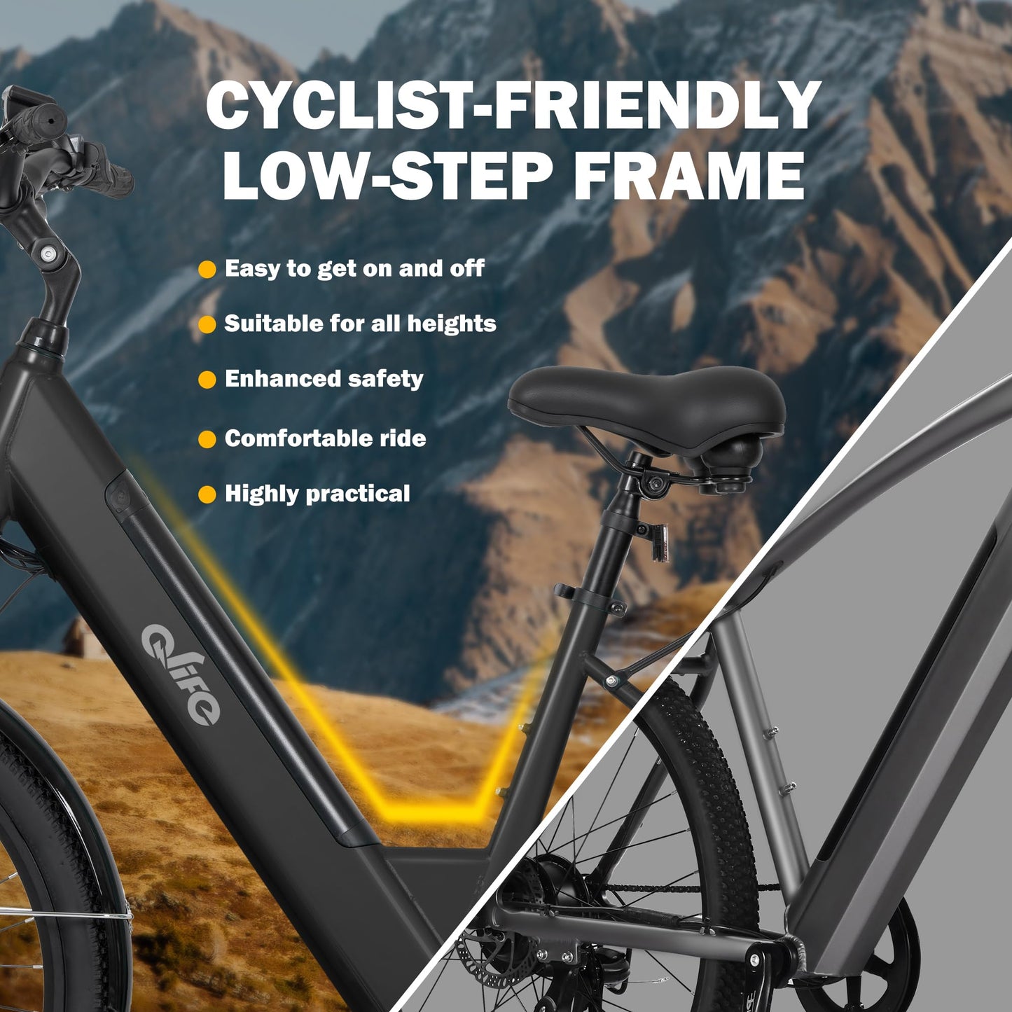 Qlife Cityone 2.0 Electric Bike for Adults,Up to 65Miles,28MPH,1200W Peak Motor 26" Ebike,499WH UL2849 Certified Battery Electric Commuter Bicycle with Front Suspension & 7-Speed Ebikes,B