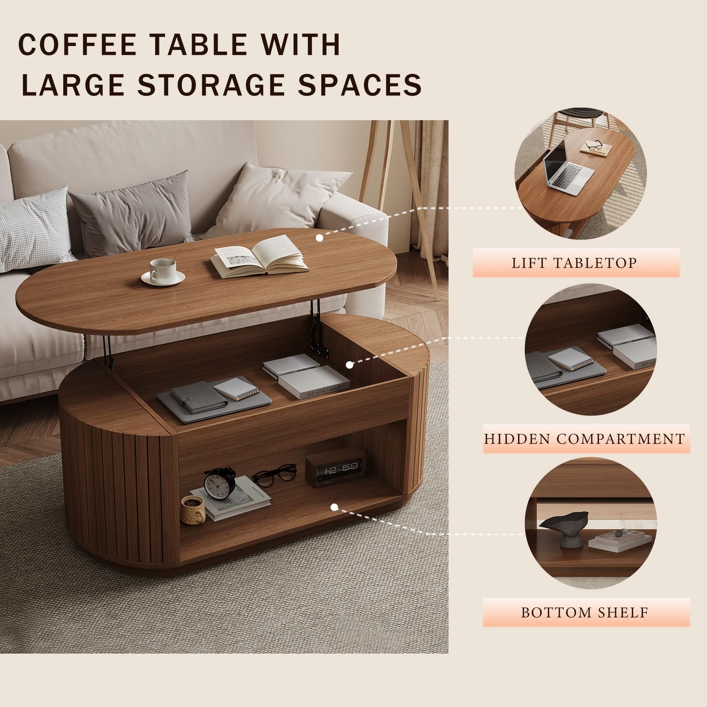 47-Inch Lift Top Wood Coffee Table with Hidden Storage Compartment and Open Shelf for Living Room, Fluted Oval Center Tea Table with Wooden Lift-Top for Apartment, Small Space, Light Brown Oak