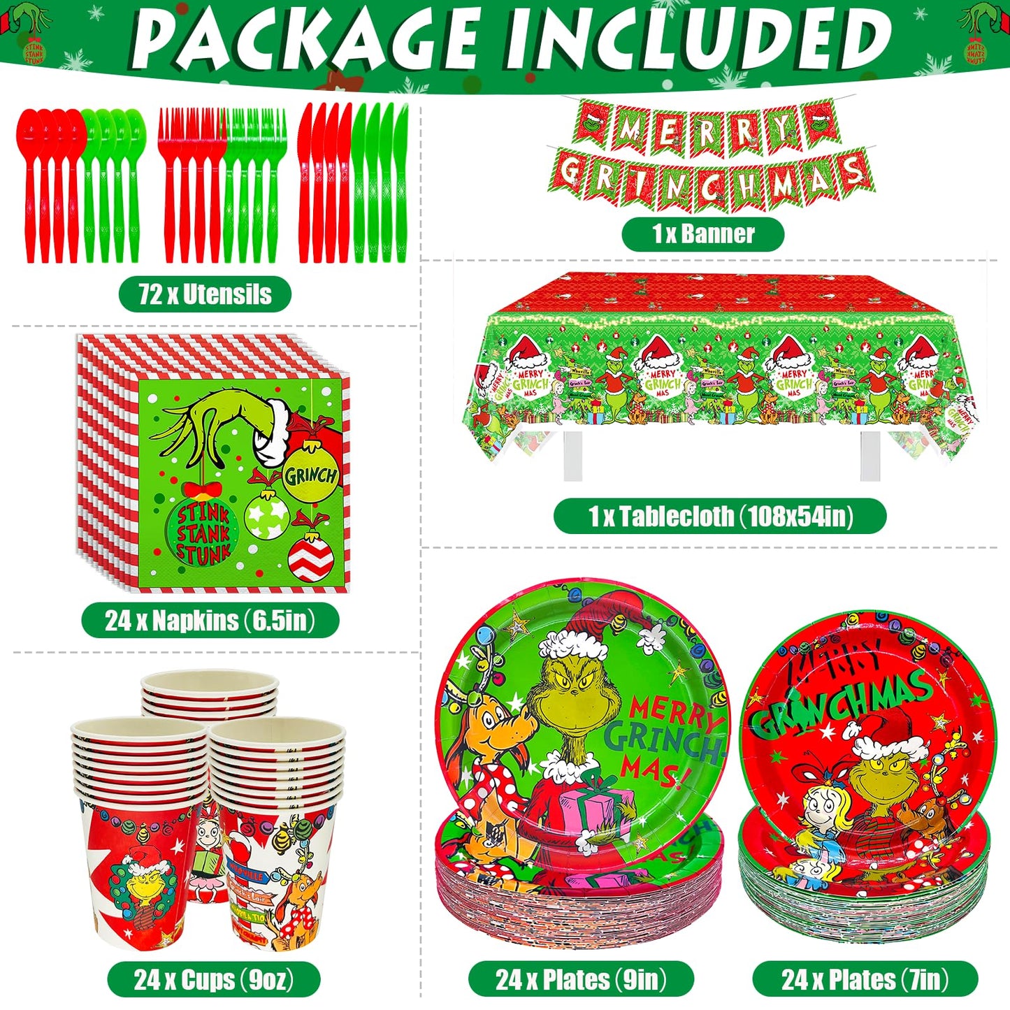 185Pcs Christmas Party Supplies Tableware Set - Merry Christmas Decorations Plates and Napkins for Happy Holidays Party Decorations