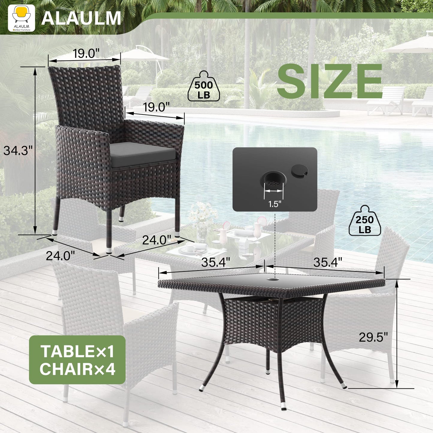 ALAULM 5 Piece Patio Dining Set All-Weather Wicker Outdoor Patio Furniture Set w/Tempered Glass Tabletop, Removable Cushions and Umbrella Hole for Patio, Backyard, Garden, Poolside（Grey）